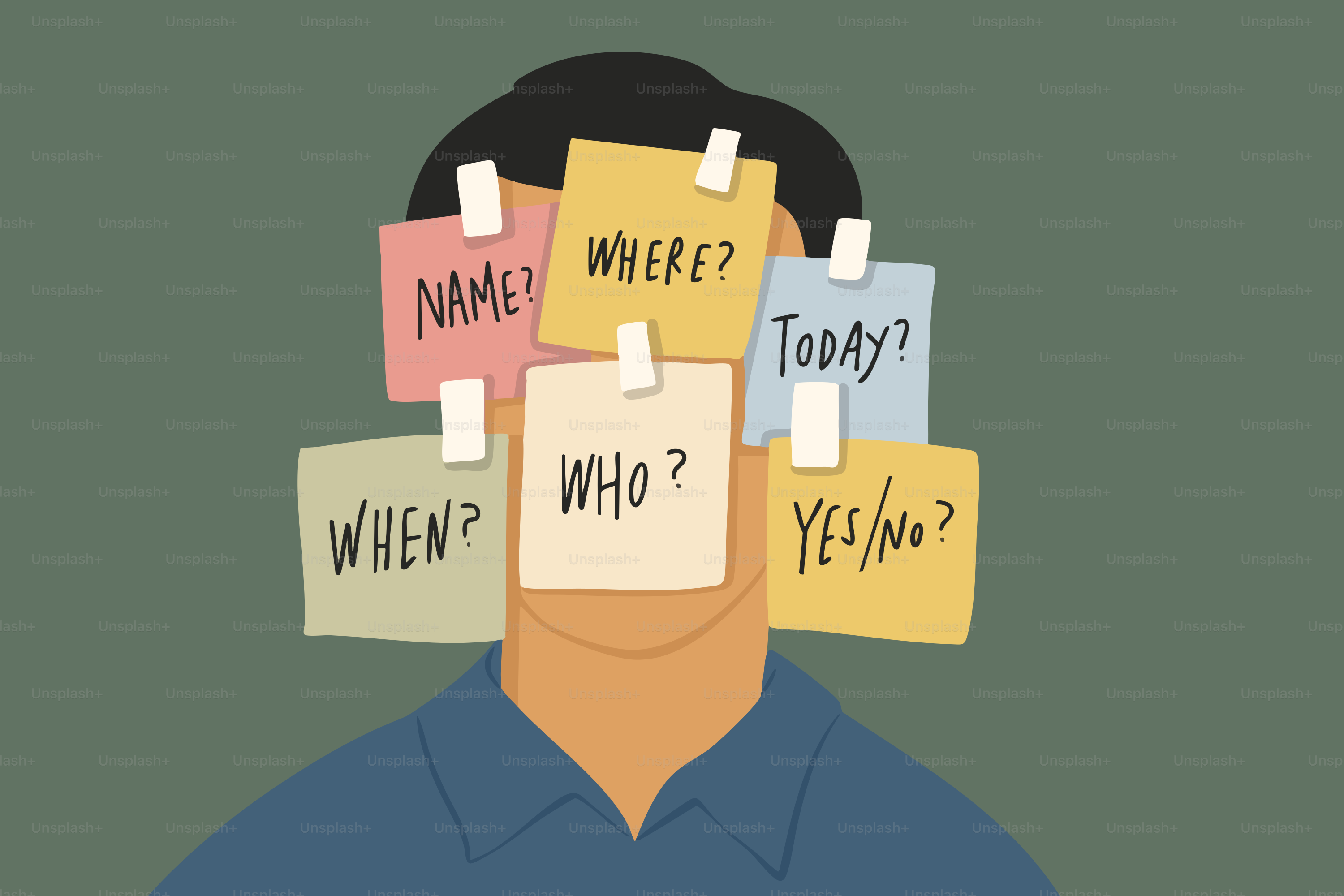Persona con note di domanda che coprono il volto