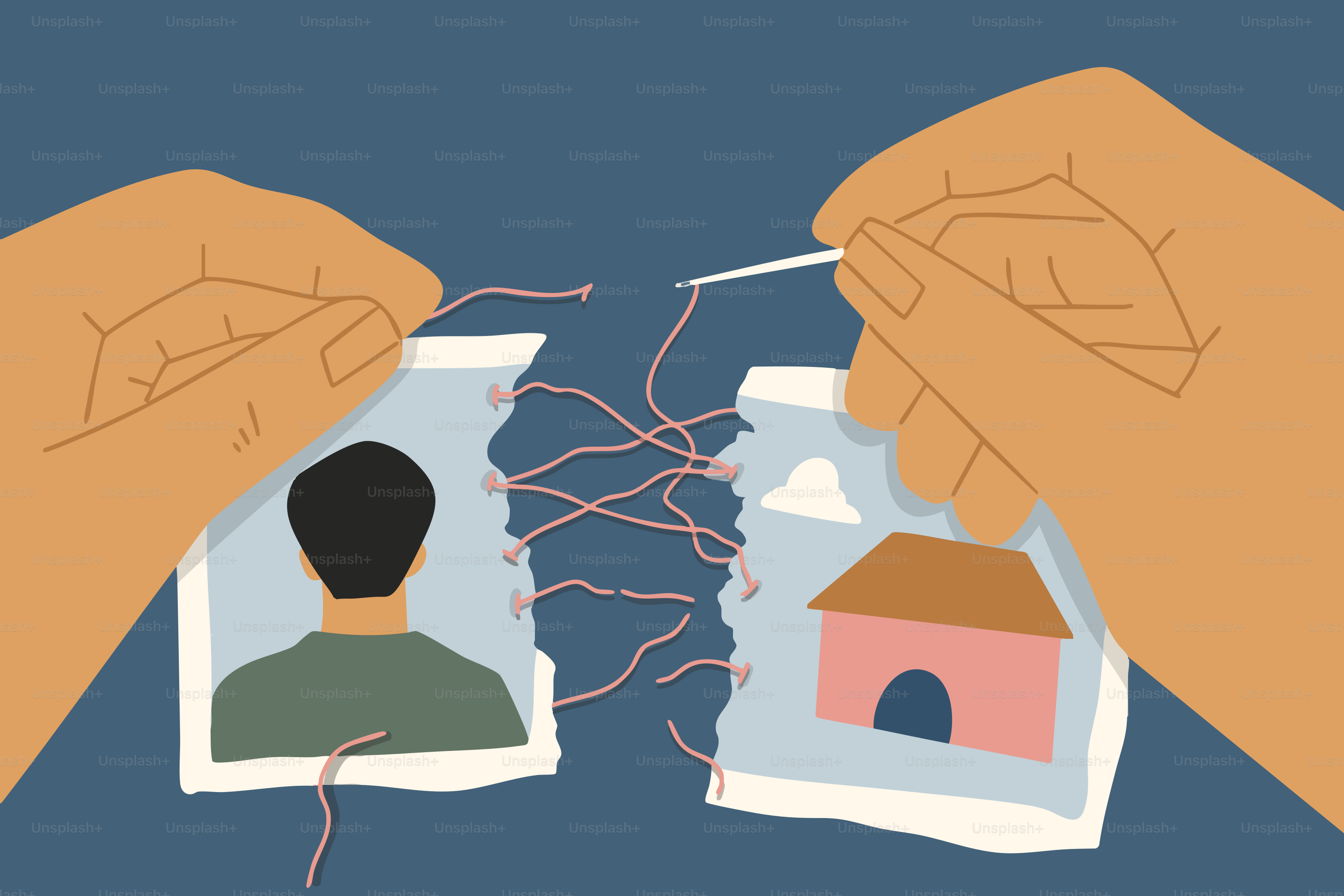 Hands sewing together torn photos of a person and house.