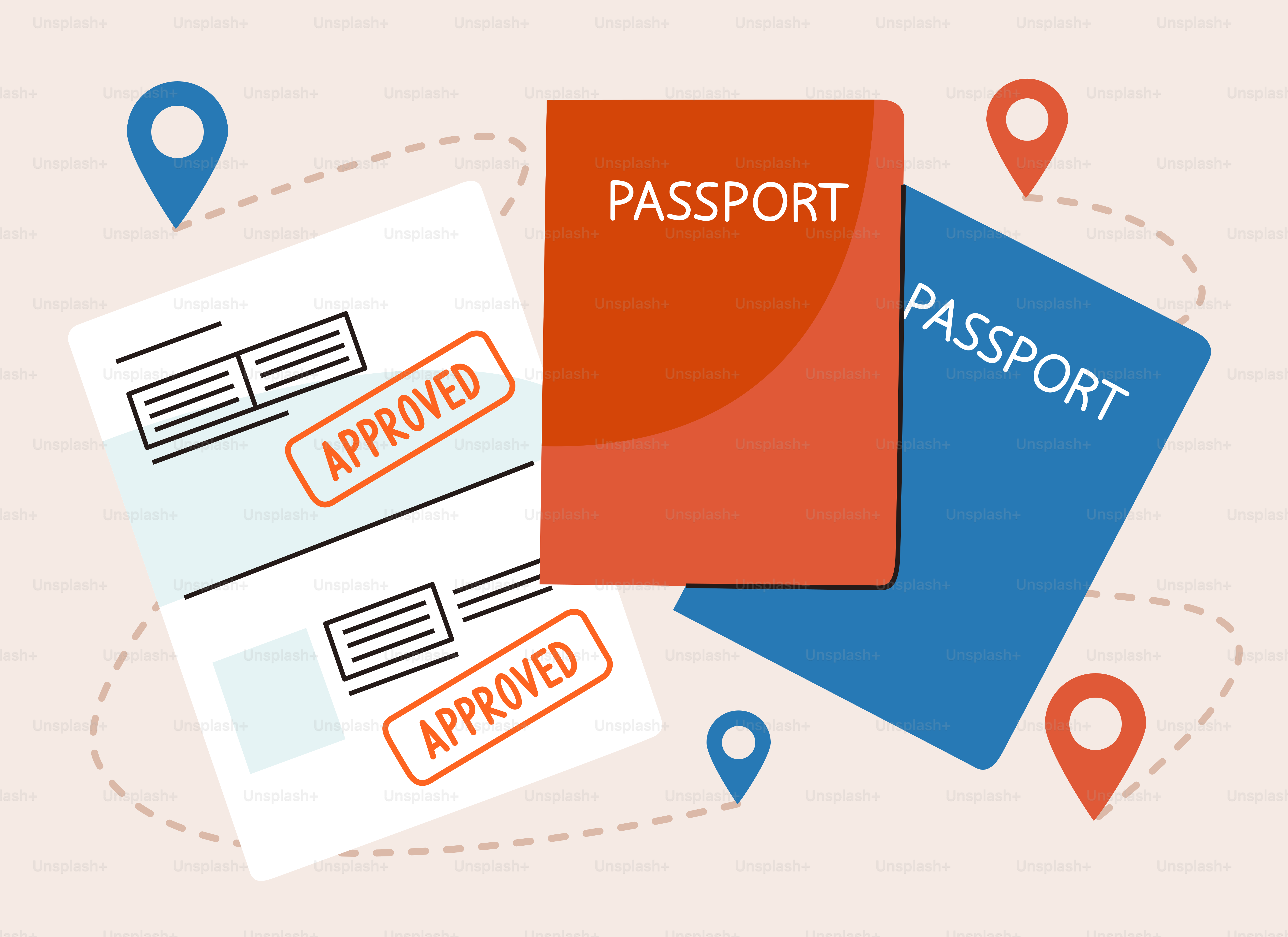 Two passports with approved stamps and location pins