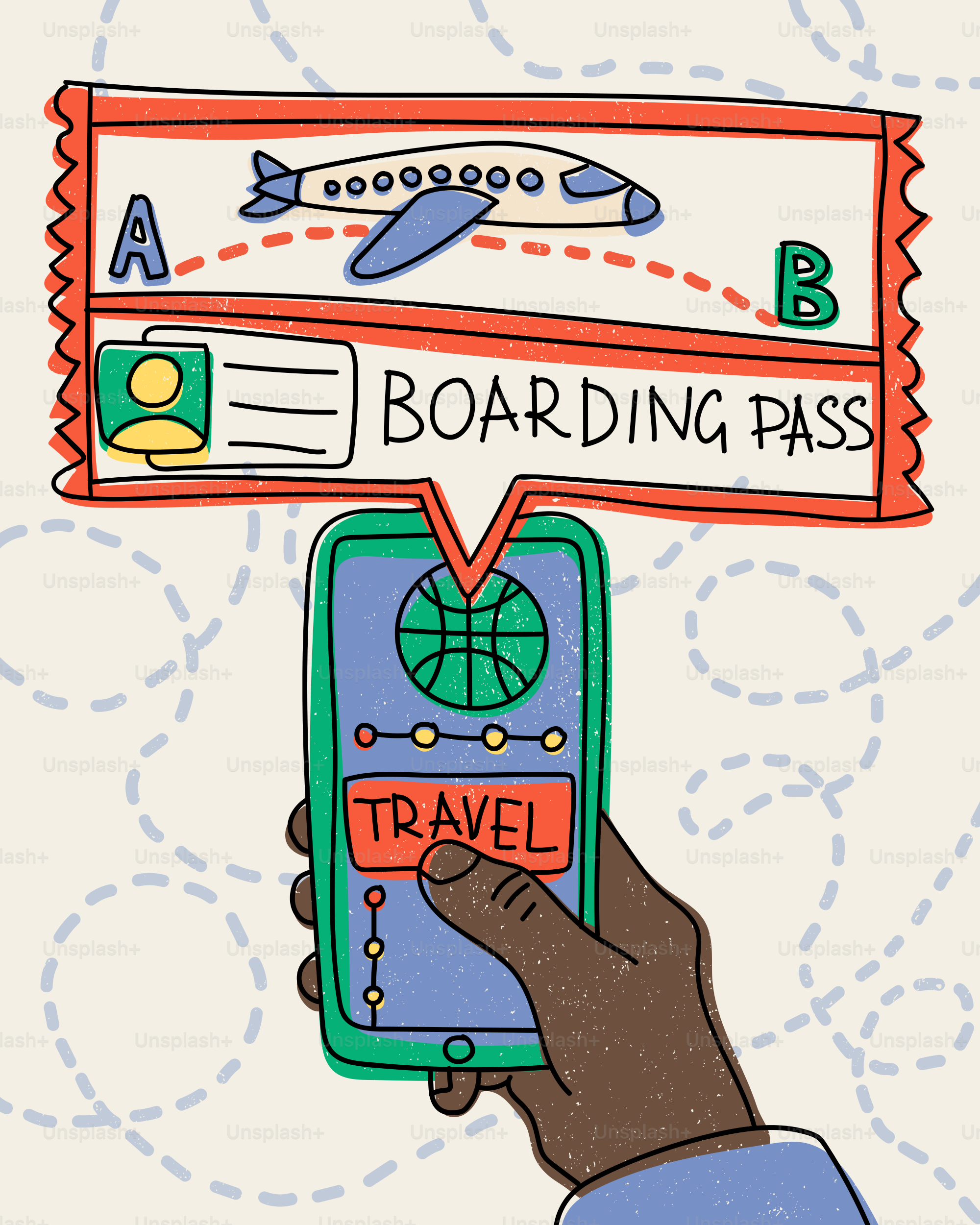 Smartphone memegang tangan dengan aplikasi perjalanan dan boarding pass.