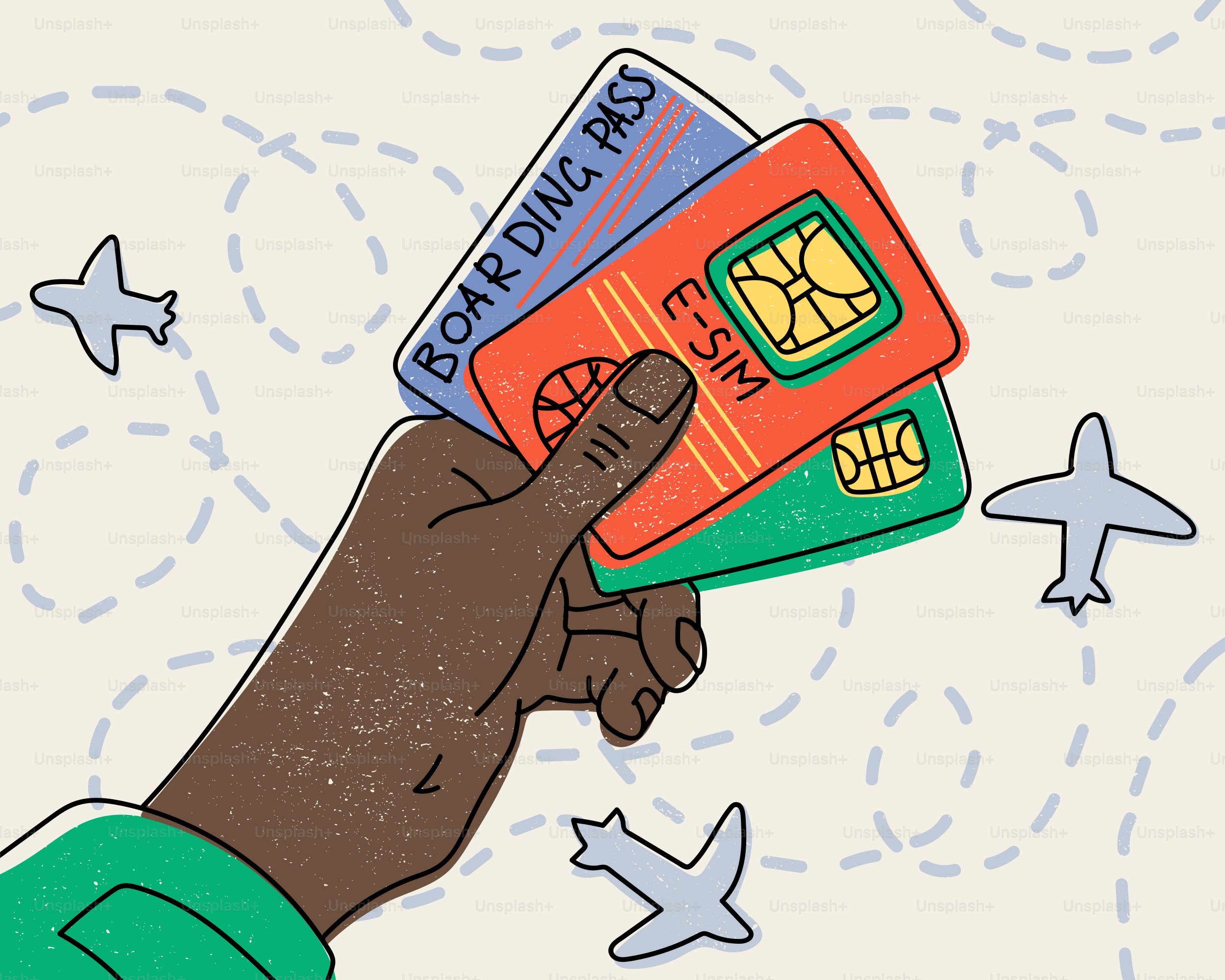 Tenir la main sur la carte d’embarquement et les cartes e-sim, avec avions.
