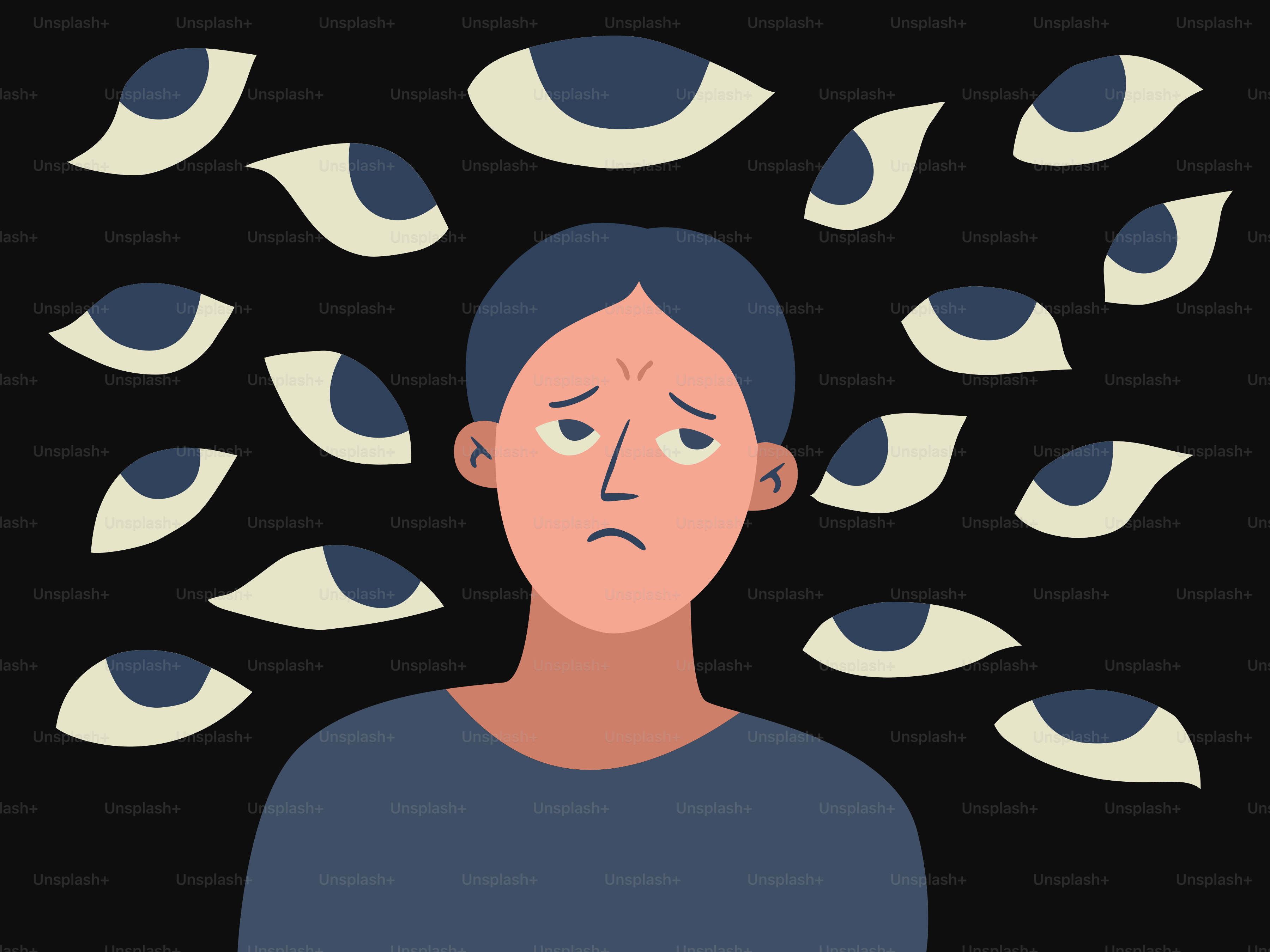 Persona preoccupata circondata da numerosi occhi vigili.