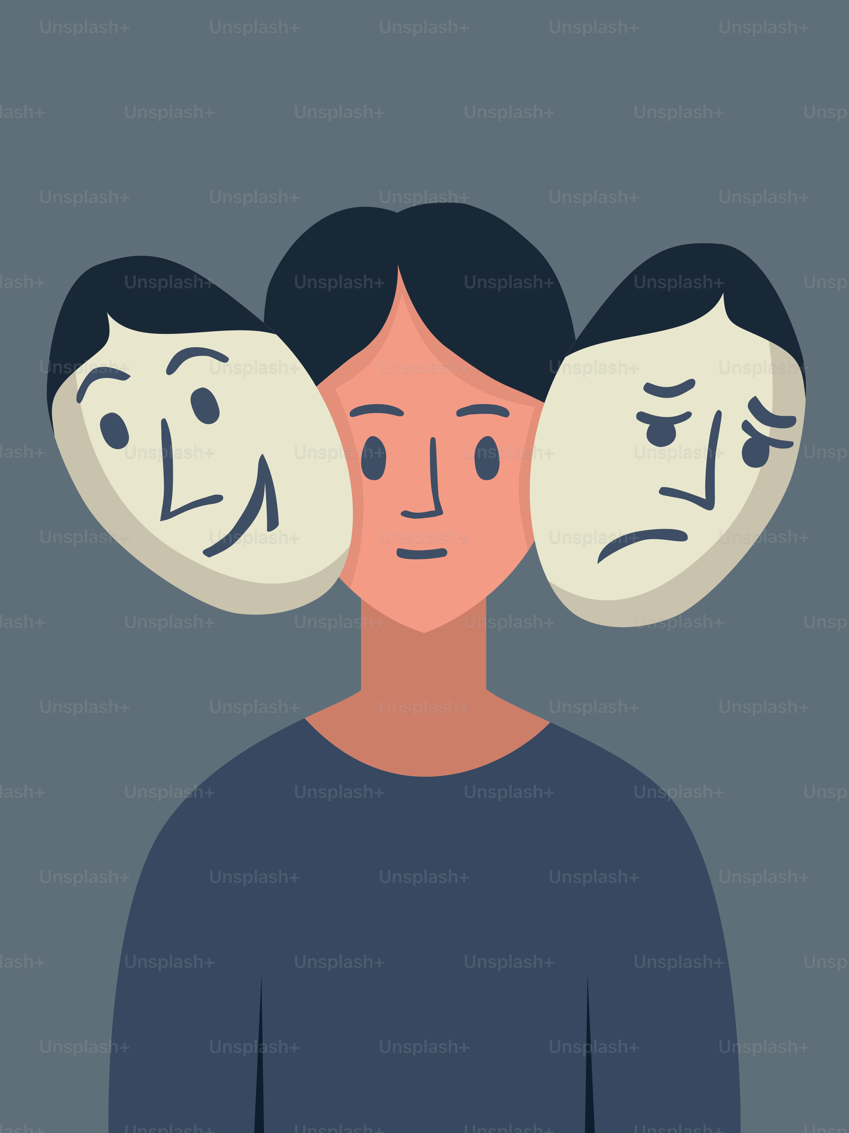 Una persona con un'espressione neutra e due maschere emotive.