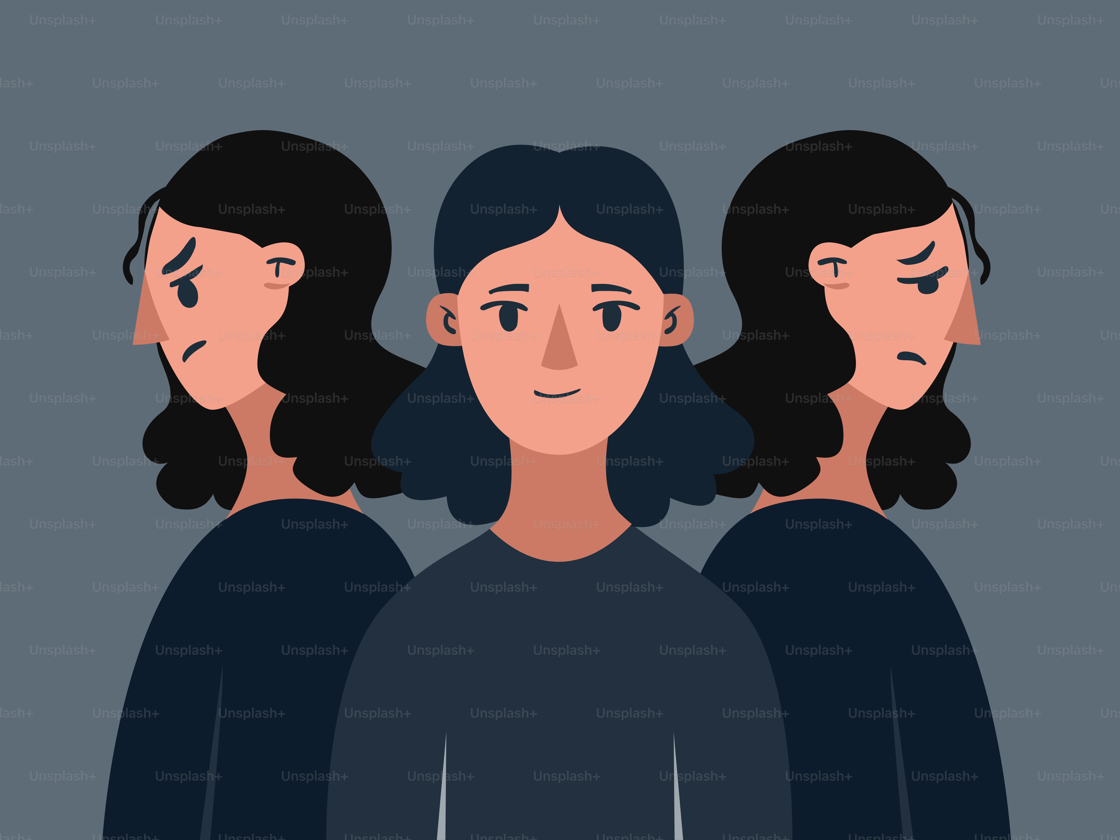 怒りや中立、悲しい感情状態を示す女性。