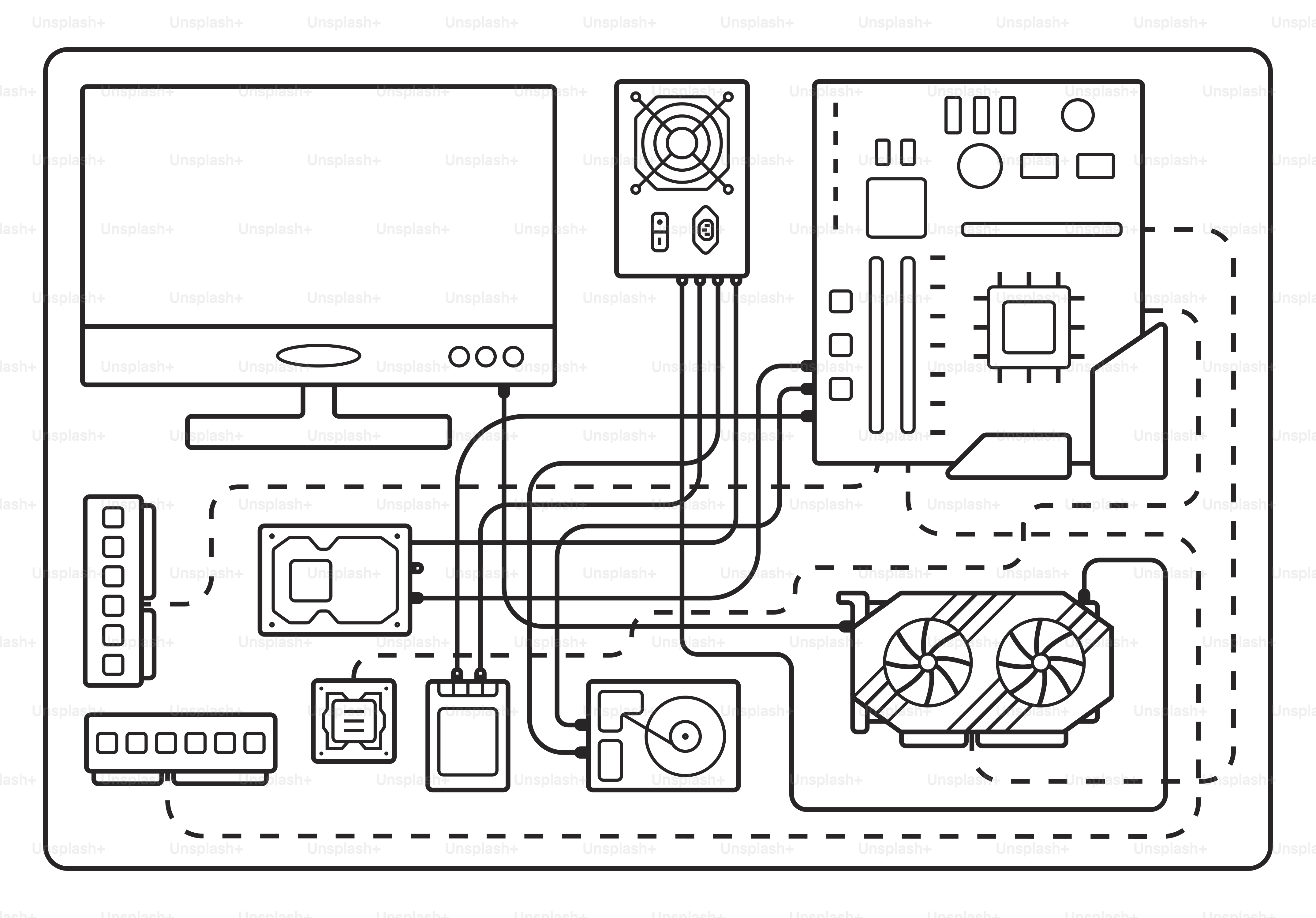 Komponen komputer yang terhubung termasuk monitor, motherboard, dan kartu grafis.