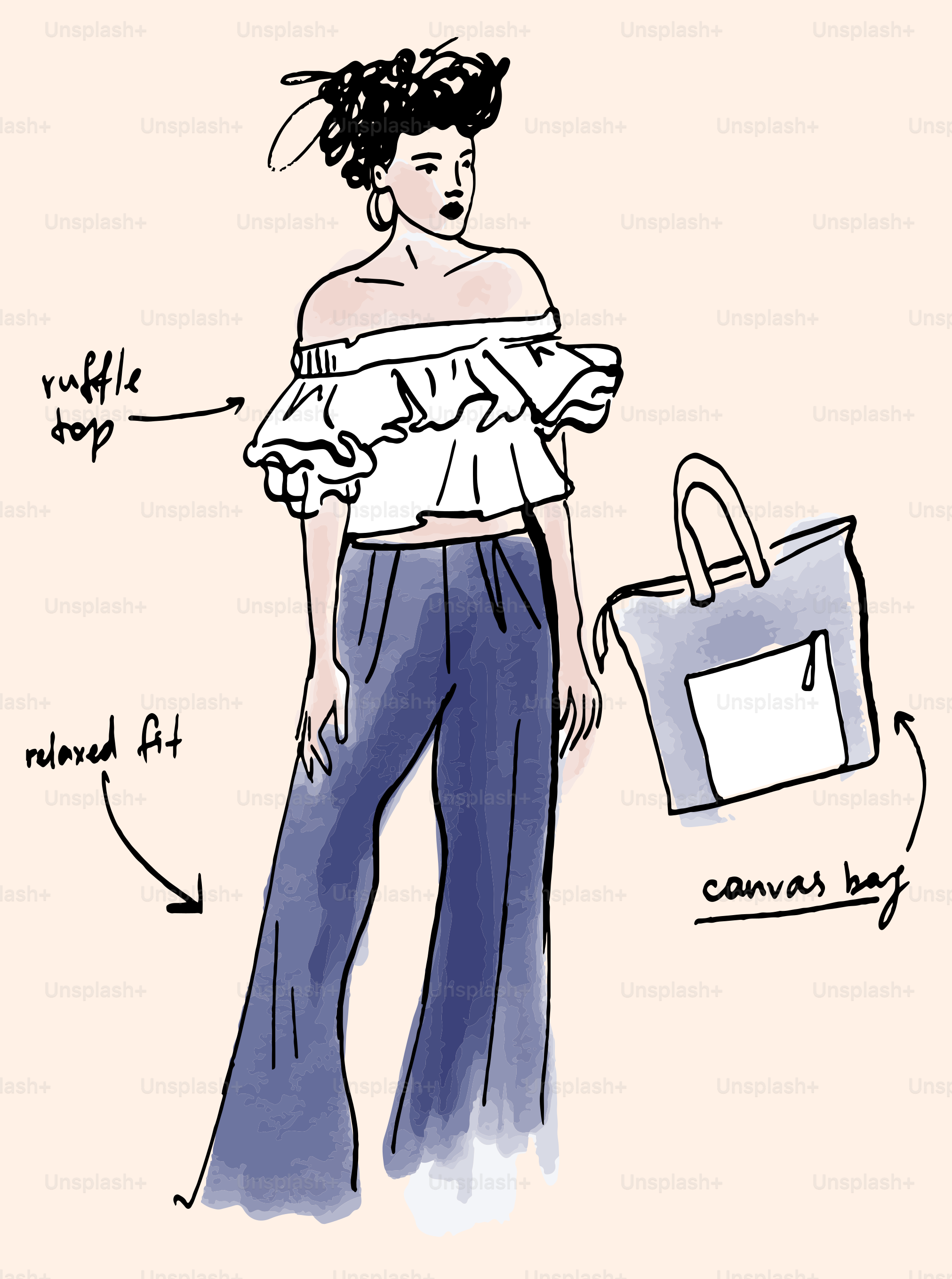 Fashion sketch: woman in ruffle top, relaxed pants, canvas bag.