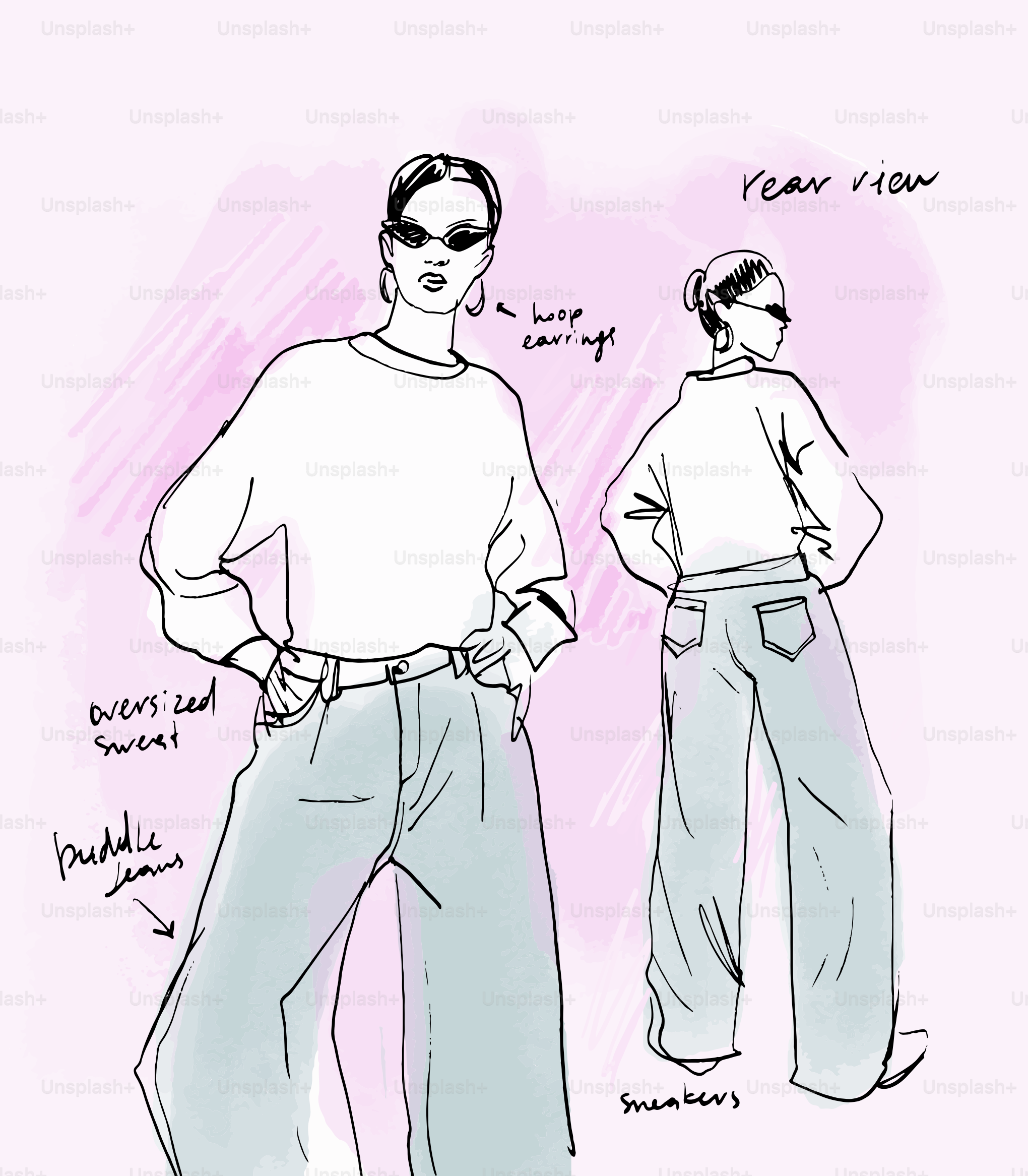 Fashion sketches: woman in oversized sweatshirt, puddle jeans, sunglasses.
