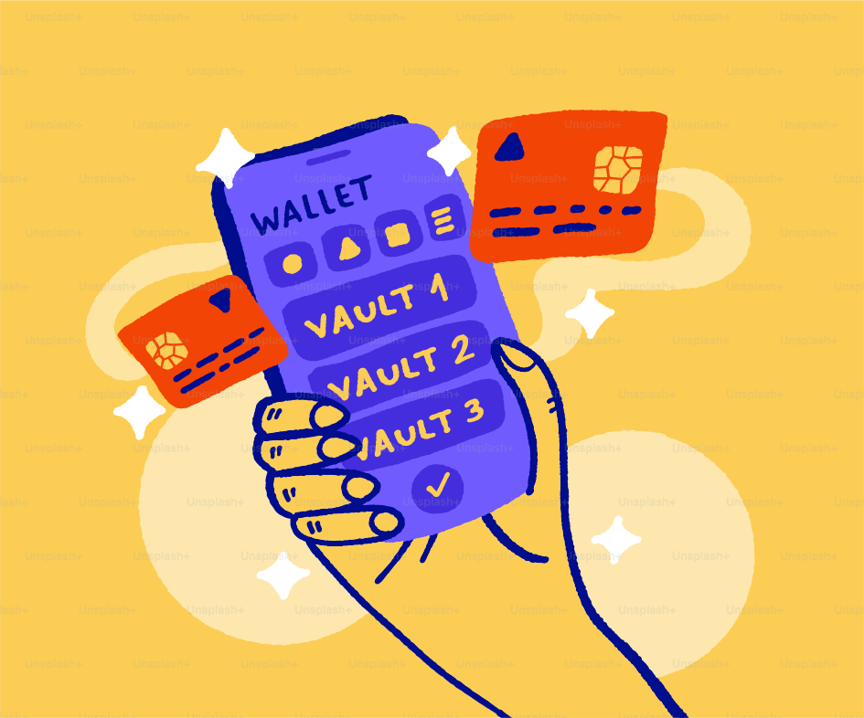 Hand holding phone with digital wallet and credit cards.