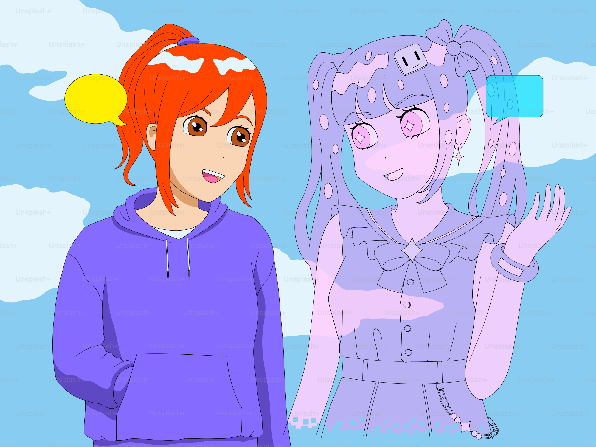 Gadis berambut oranye berbicara dengan karakter anime berambut ungu yang transparan.