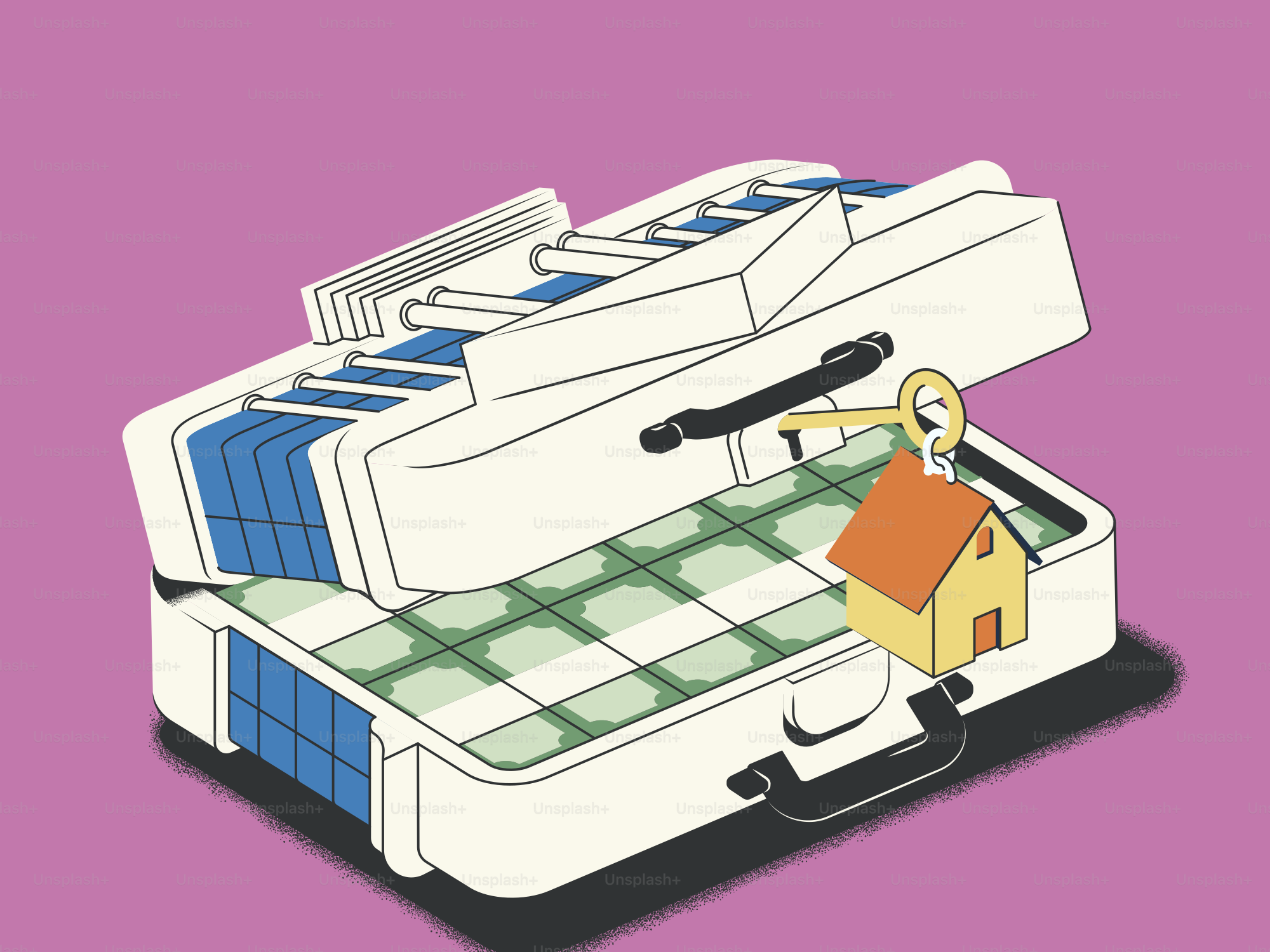 Valigetta piena di soldi con chiave di casa e una casa in miniatura.