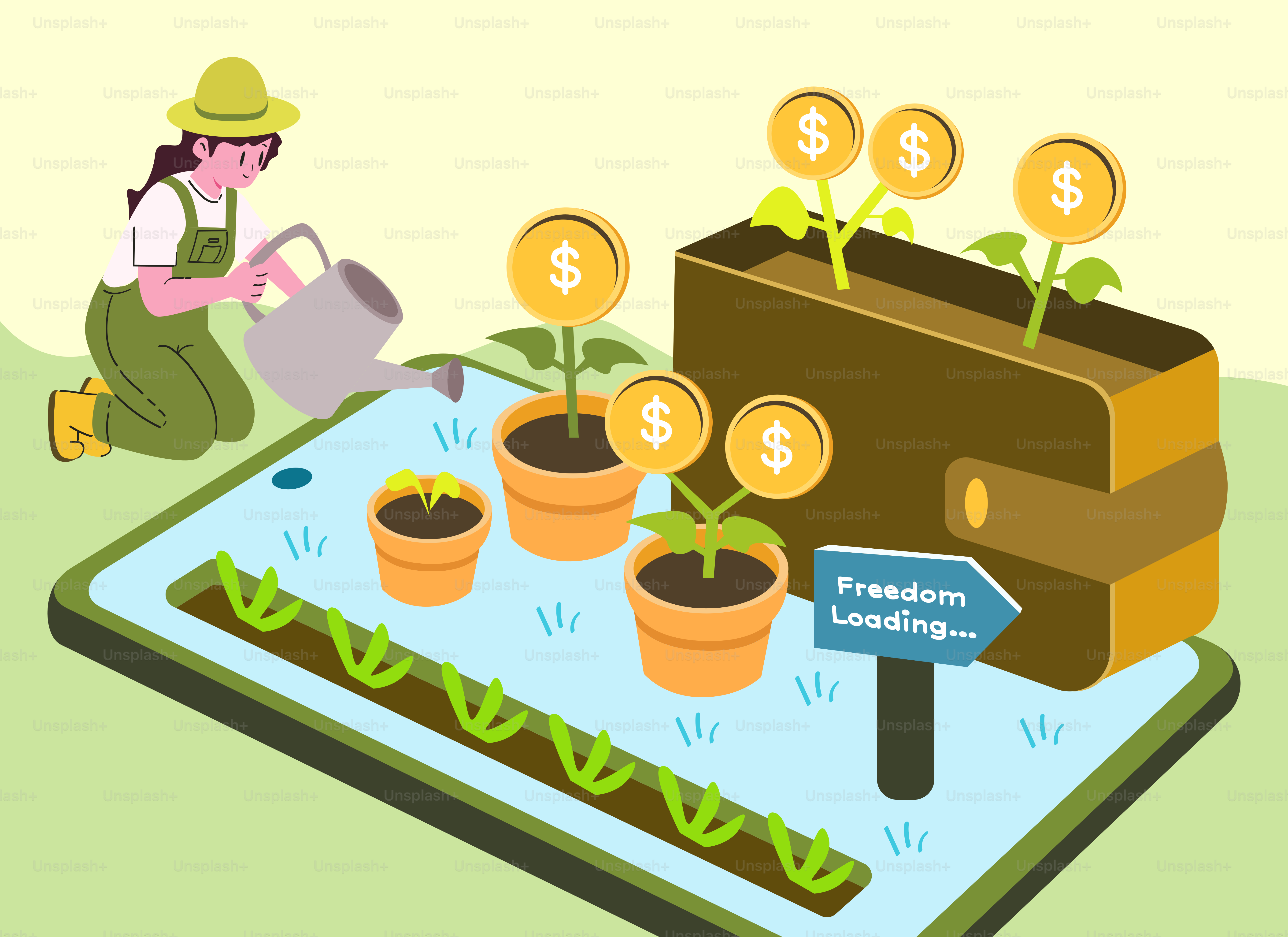 スマートフォンから育った1ドルの植物に水をやる女性。