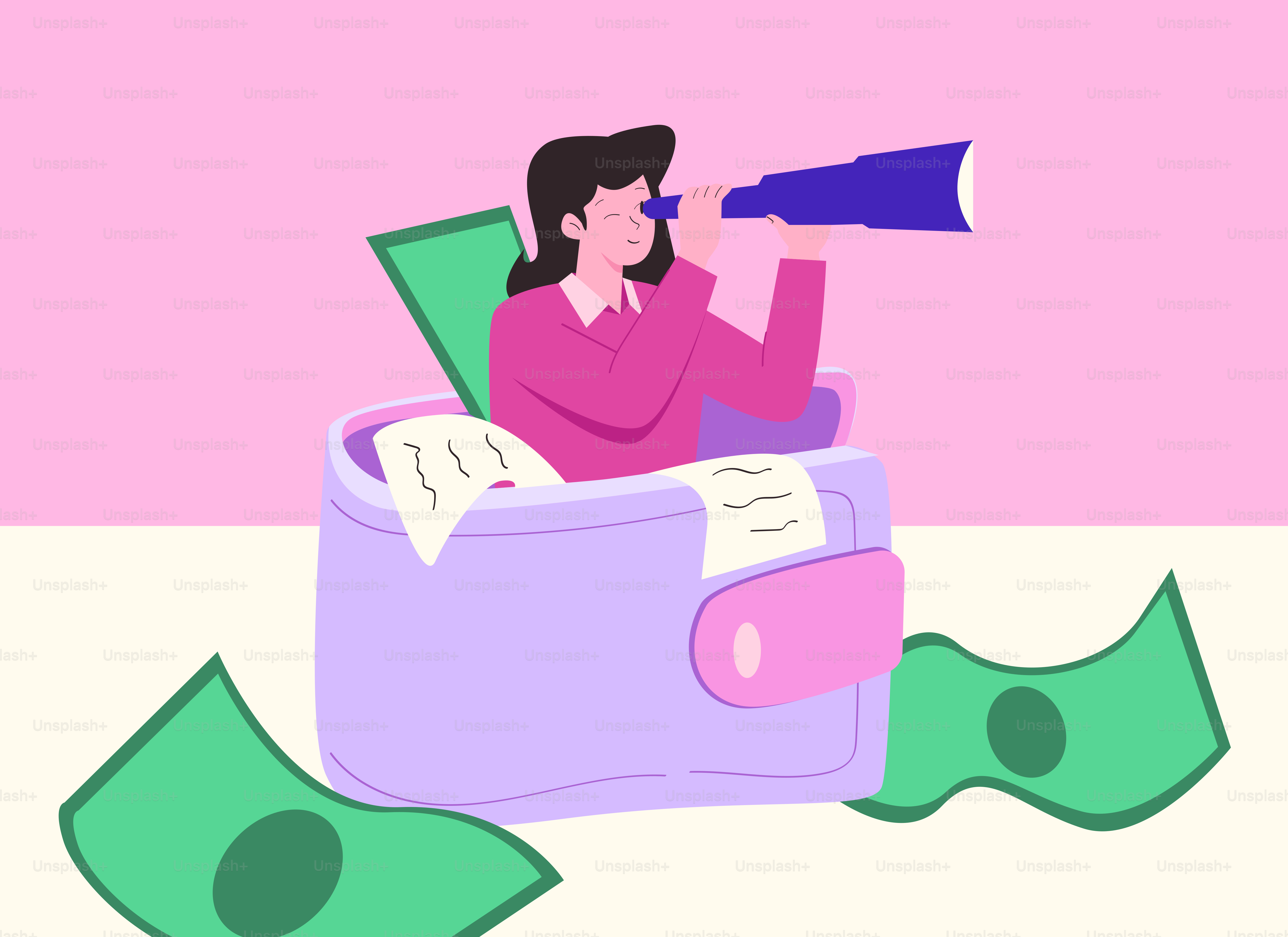 Wanita melihat melalui teleskop dari dompet dengan uang