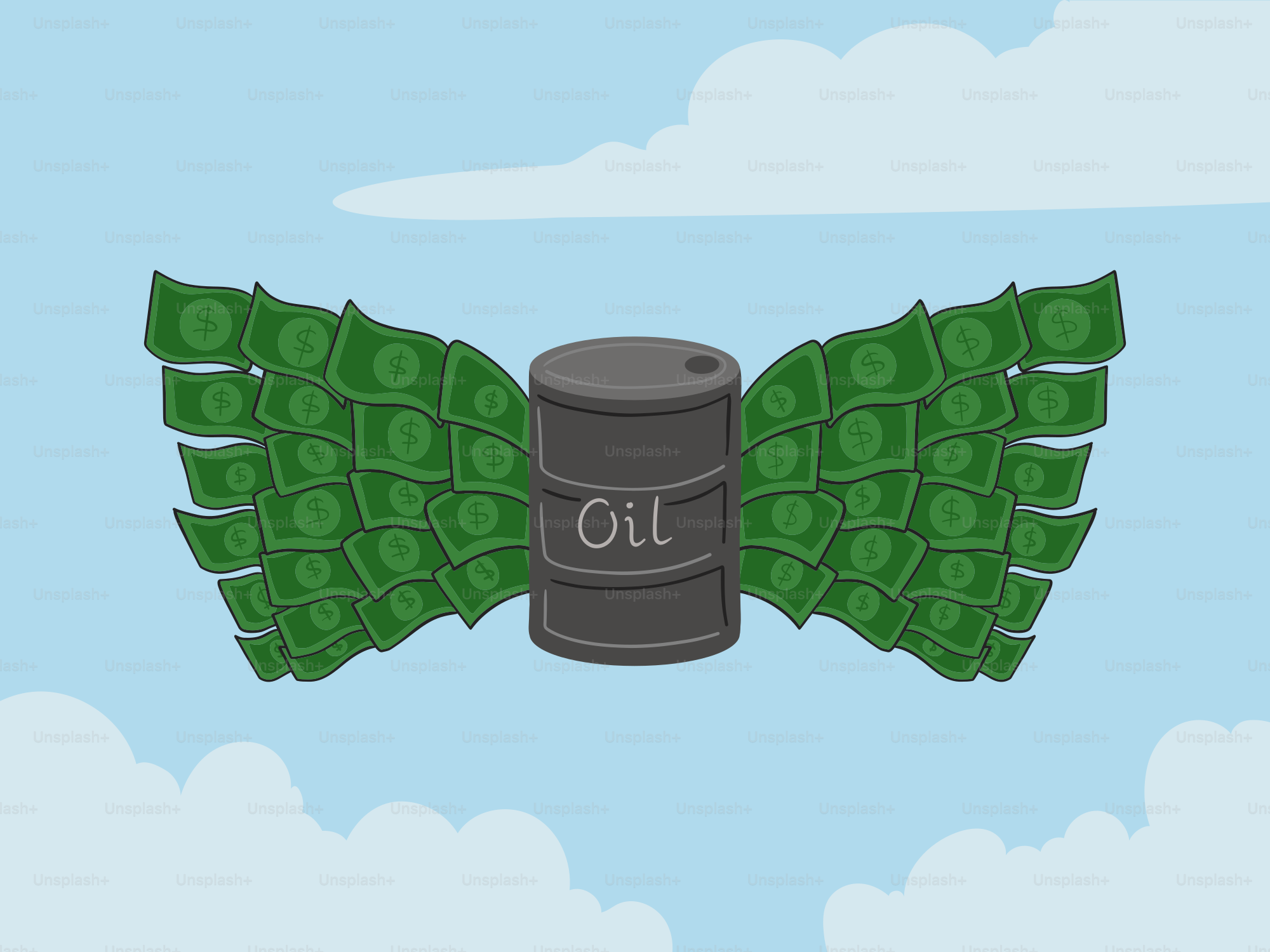 Barril de petróleo con alas de billetes de dólar volando por el cielo.