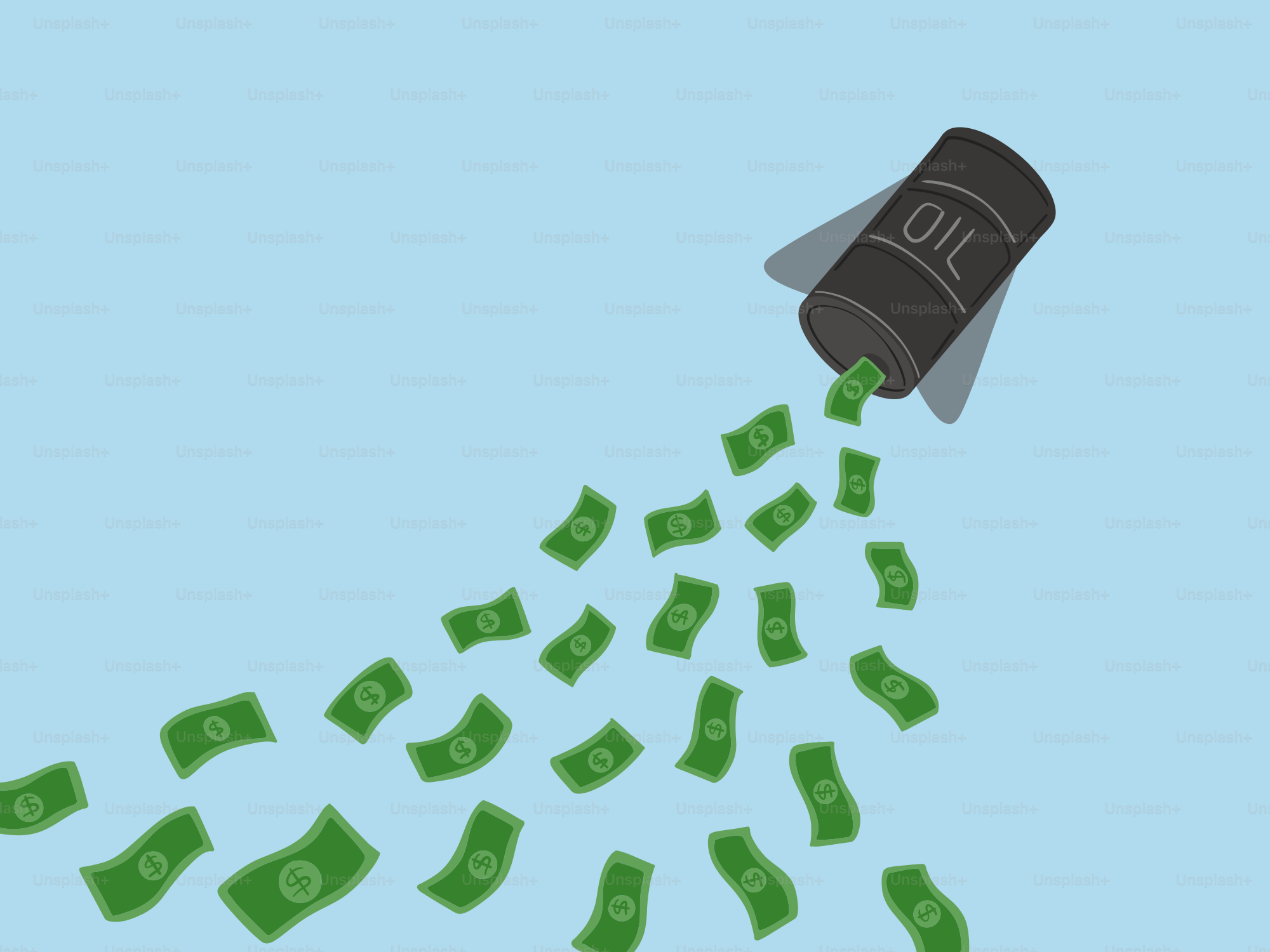 Barril de petróleo volando con dinero cayendo