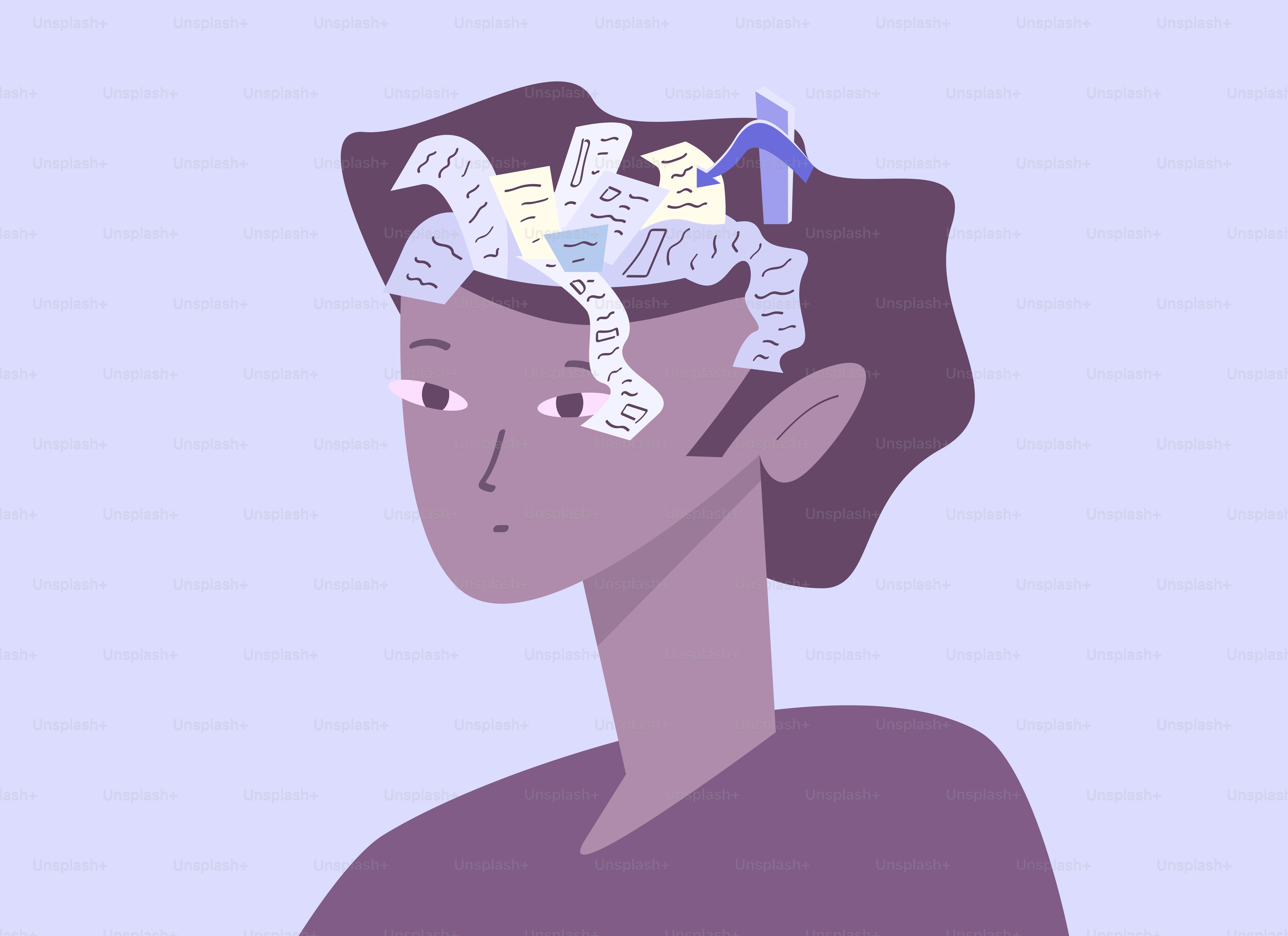 書類を持った人物と小さな人物が頭に浮かんでいる