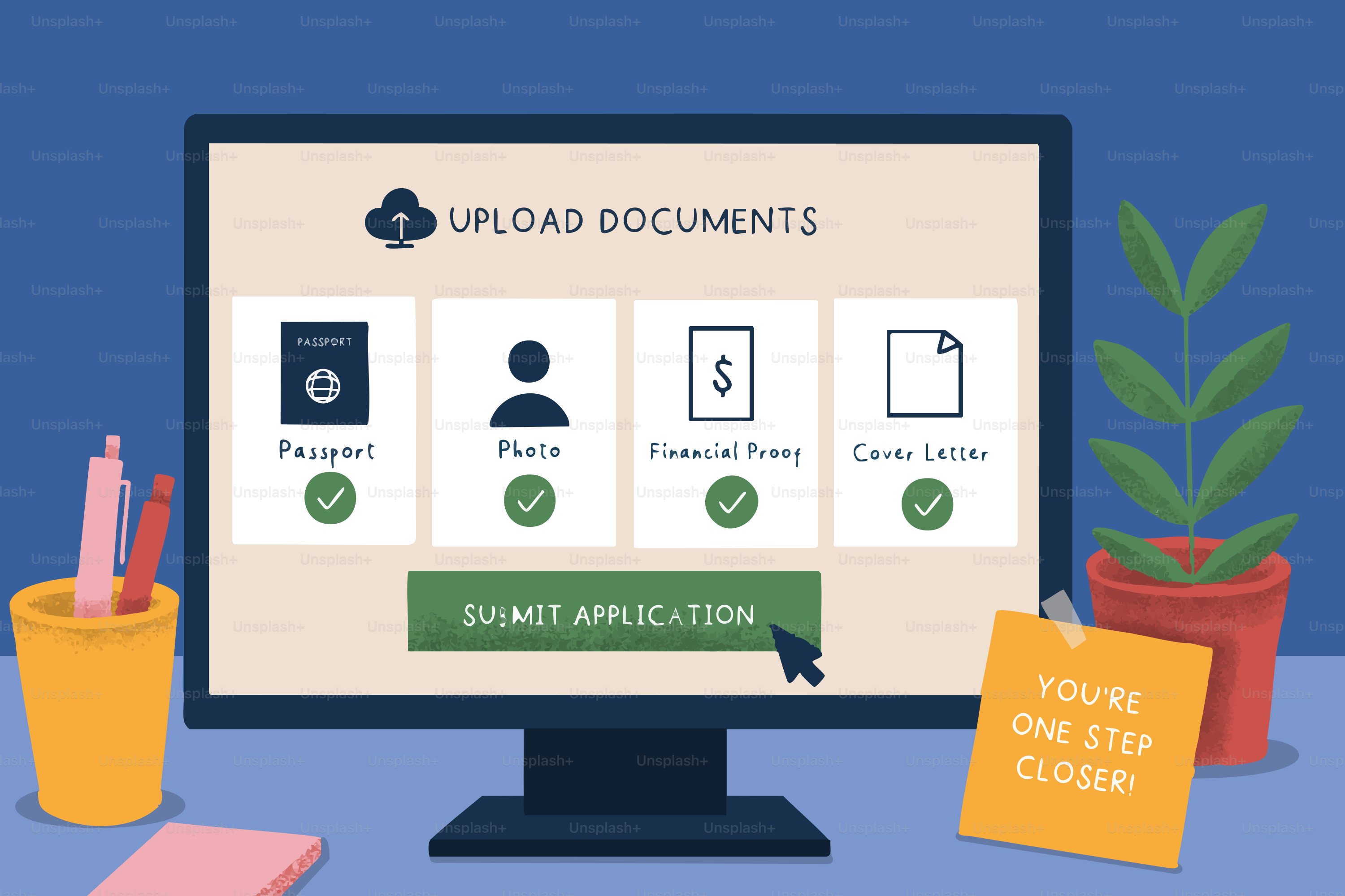 Computer screen shows uploading documents for application submission ...