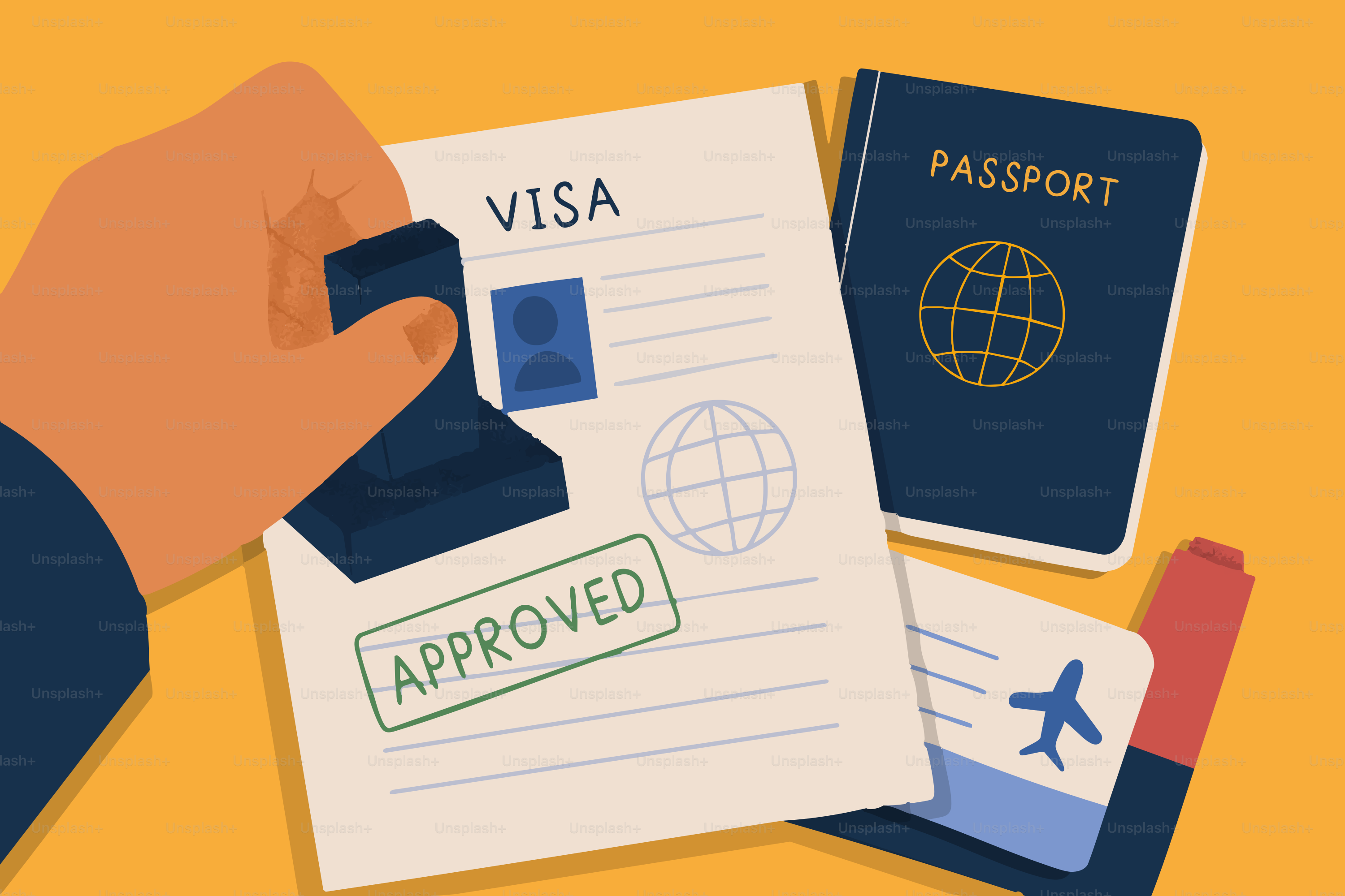 Hand stamping an approved visa document with passport and ticket.
