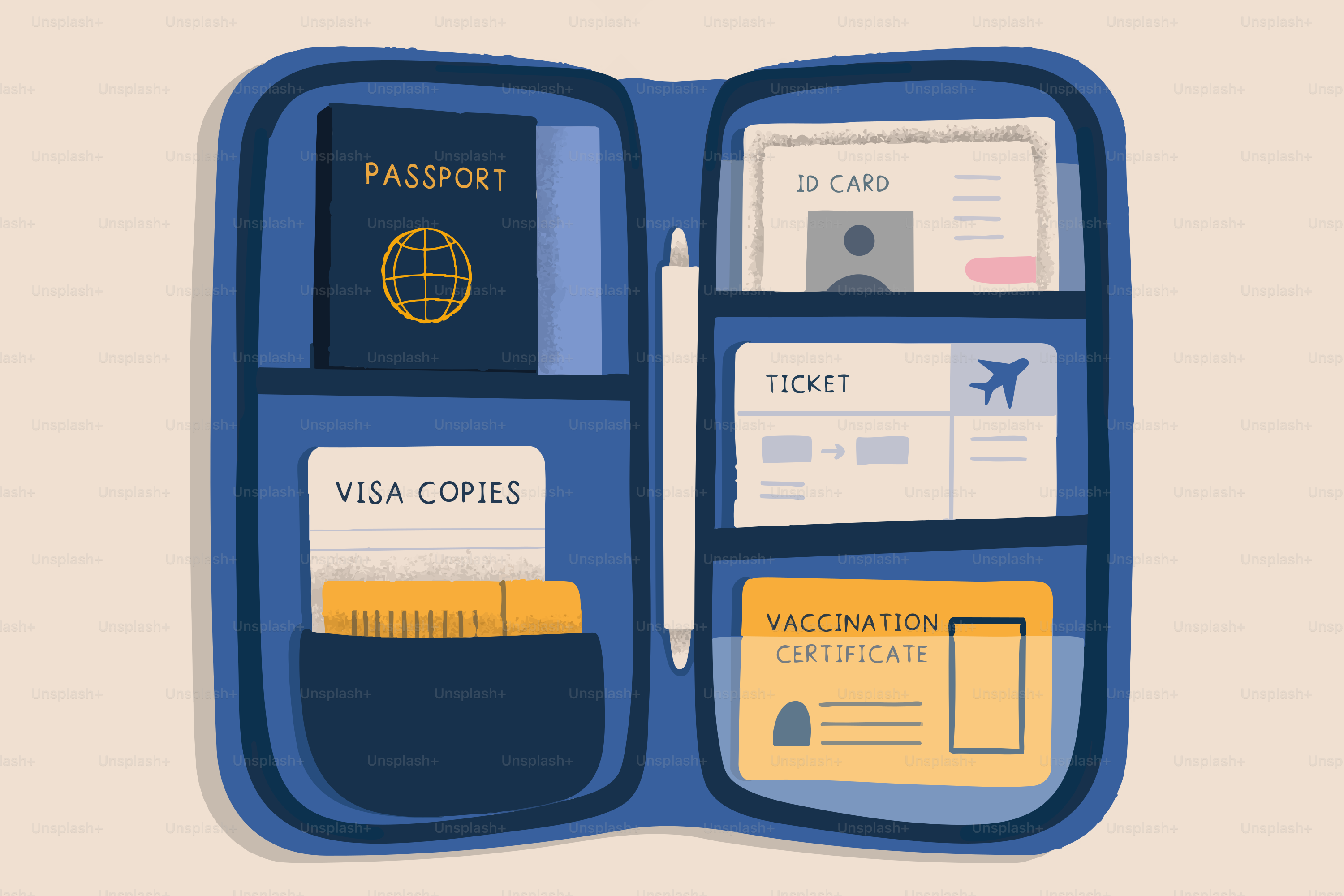 Eine offene Reisetasche mit Reisepass, Ausweis, Ticket und Dokumenten