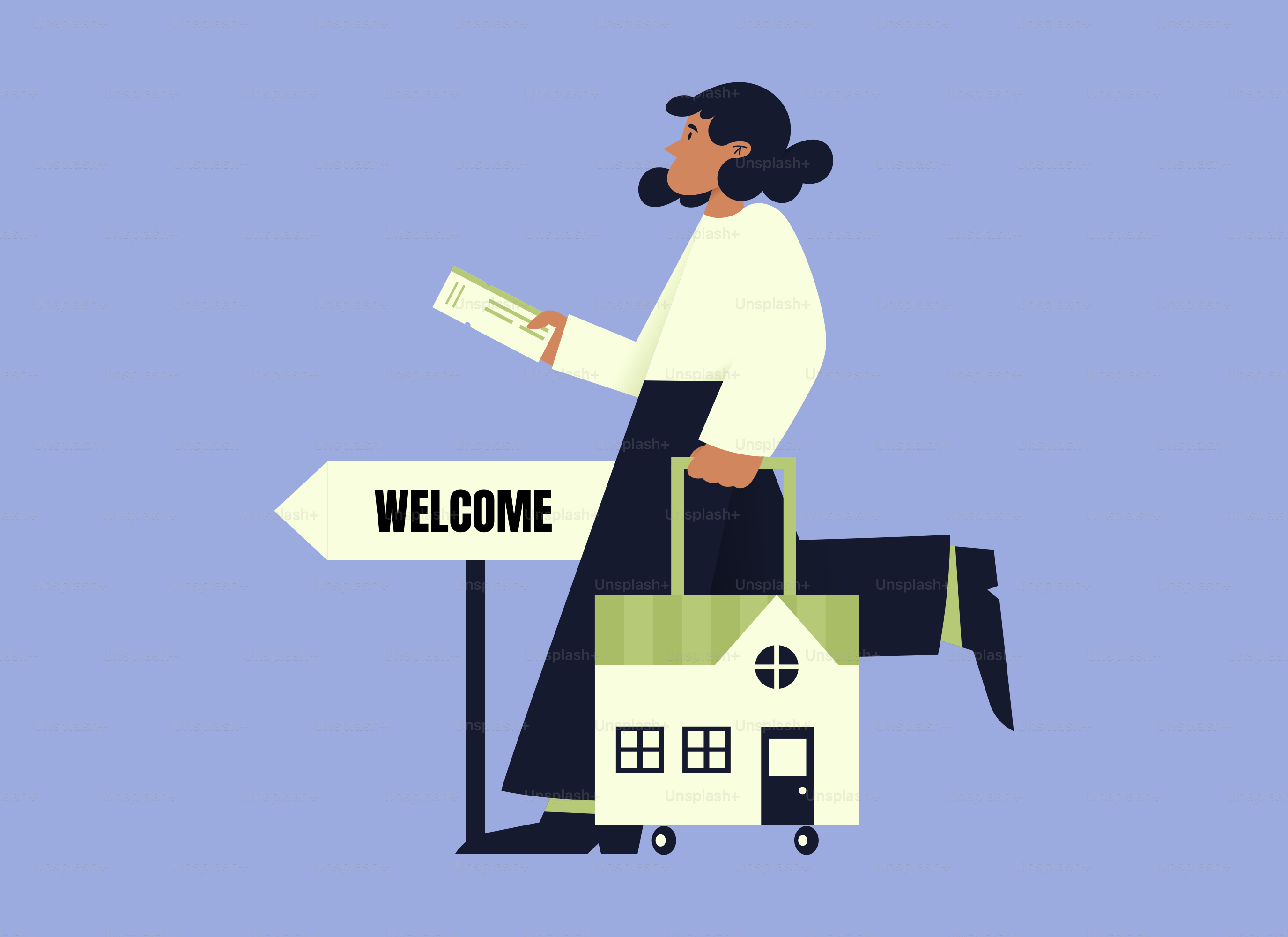 Person moving house with a welcome sign.