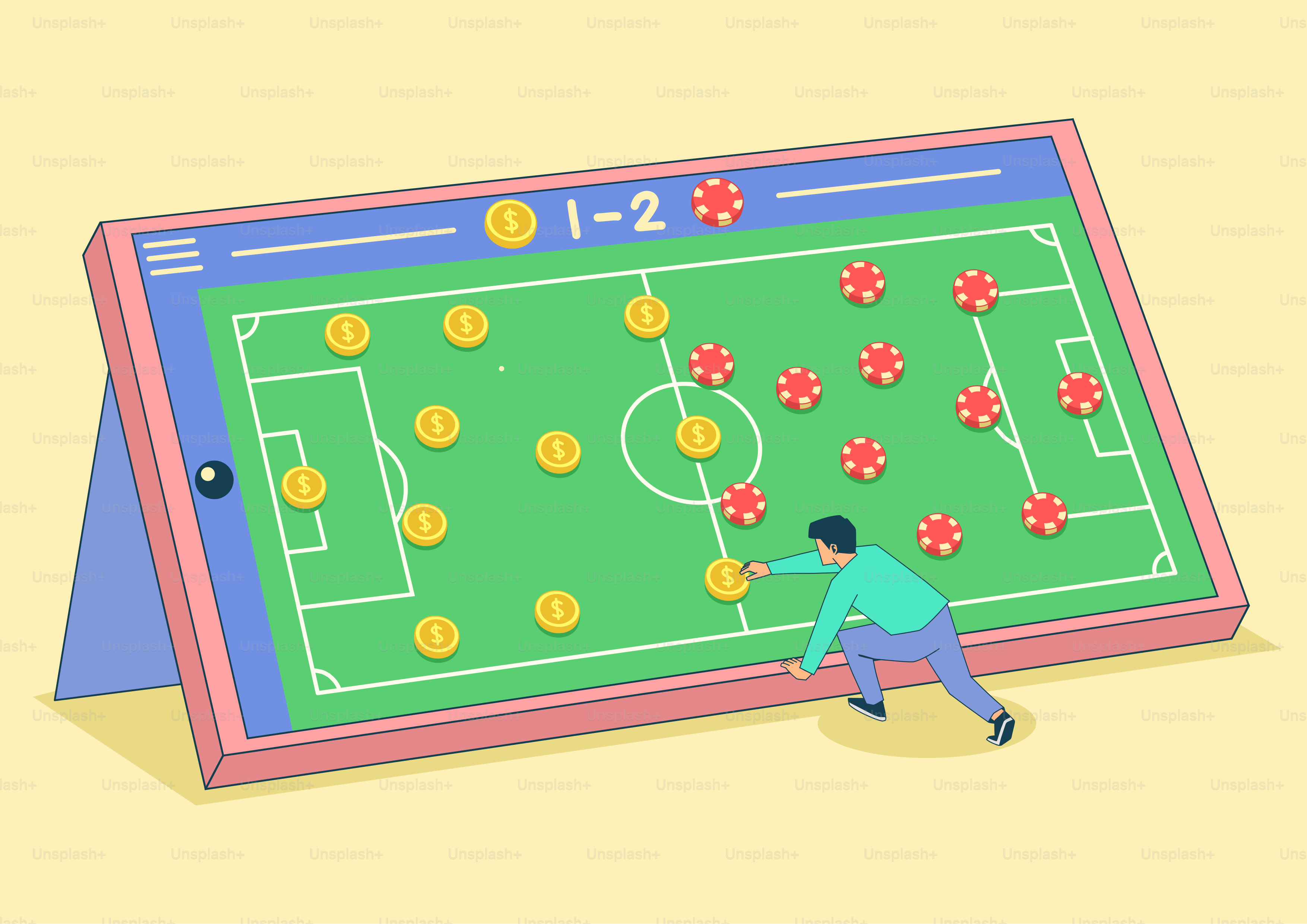 Hombre que planea un partido de fútbol en tableta con chips y chips.