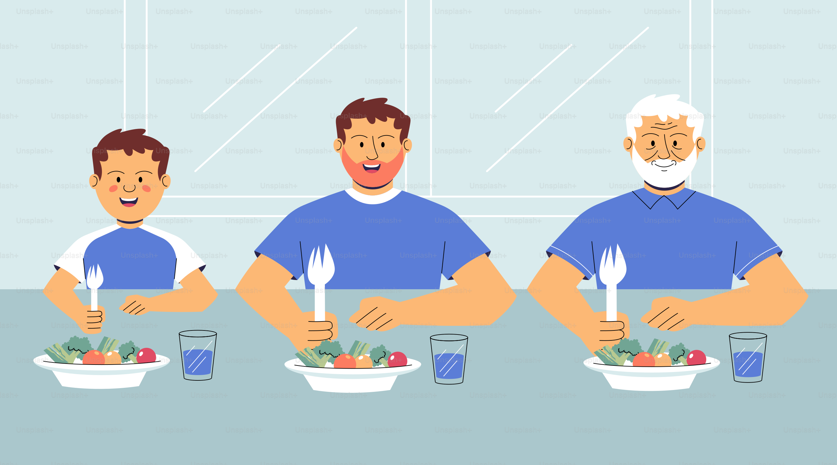 Kind, Erwachsene und ältere Männer essen gesunden Salat.