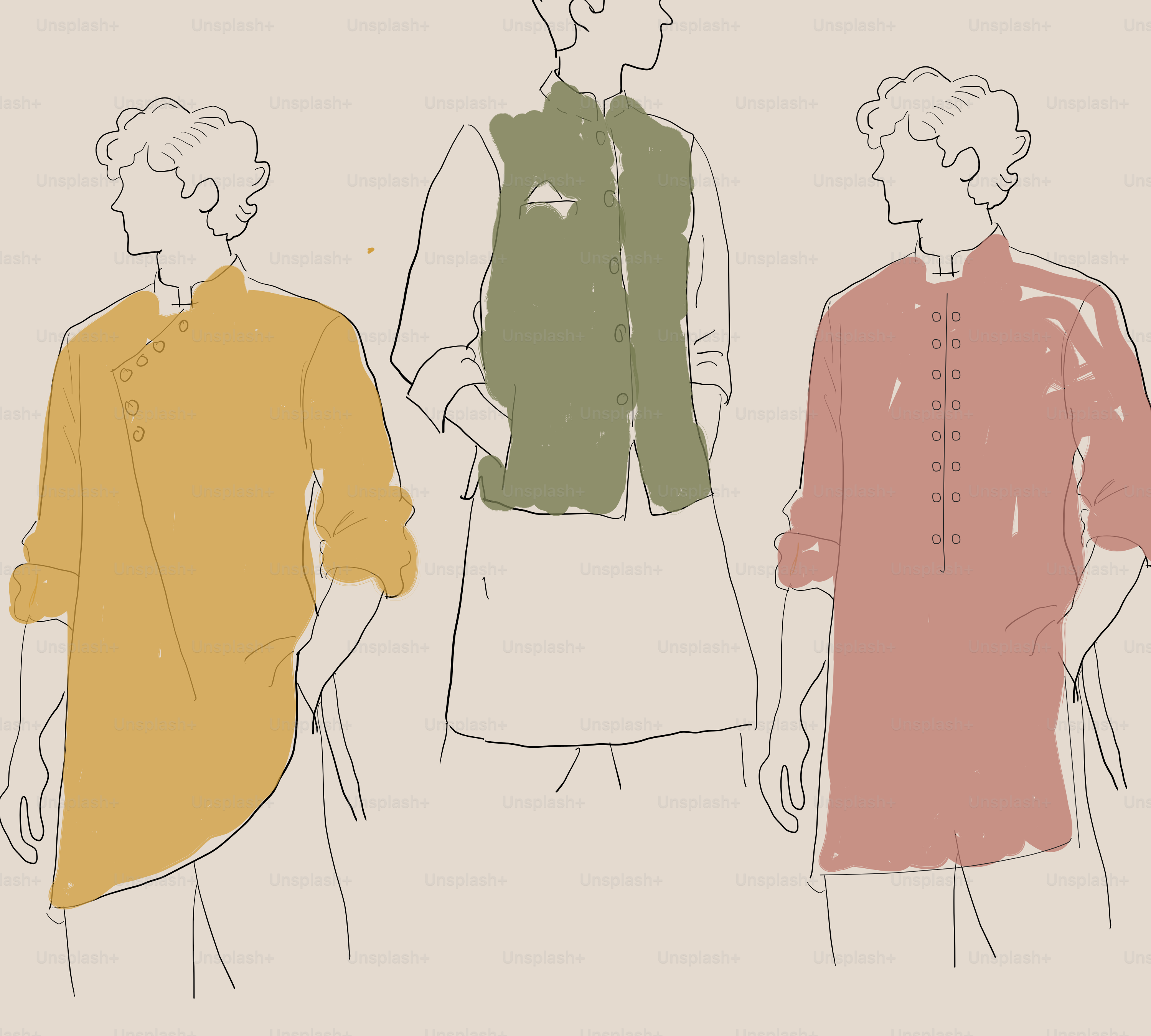 Skizzen von Männern, die traditionelle Kurtas und Weste tragen.