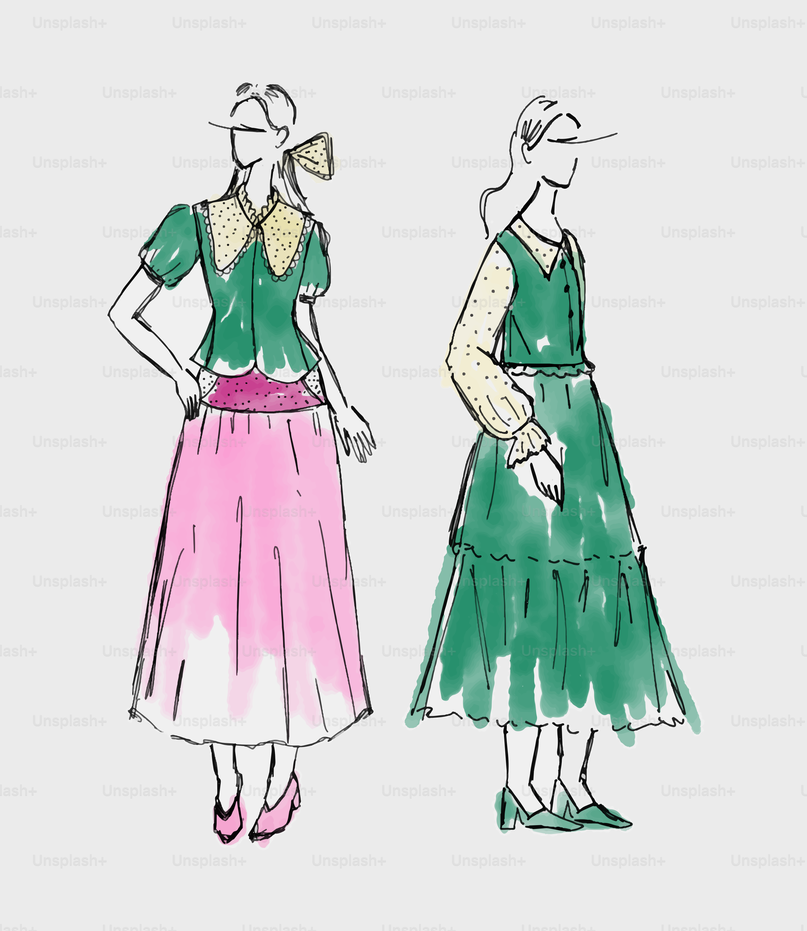 Fashion illustrations of women in stylish green and pink attire.