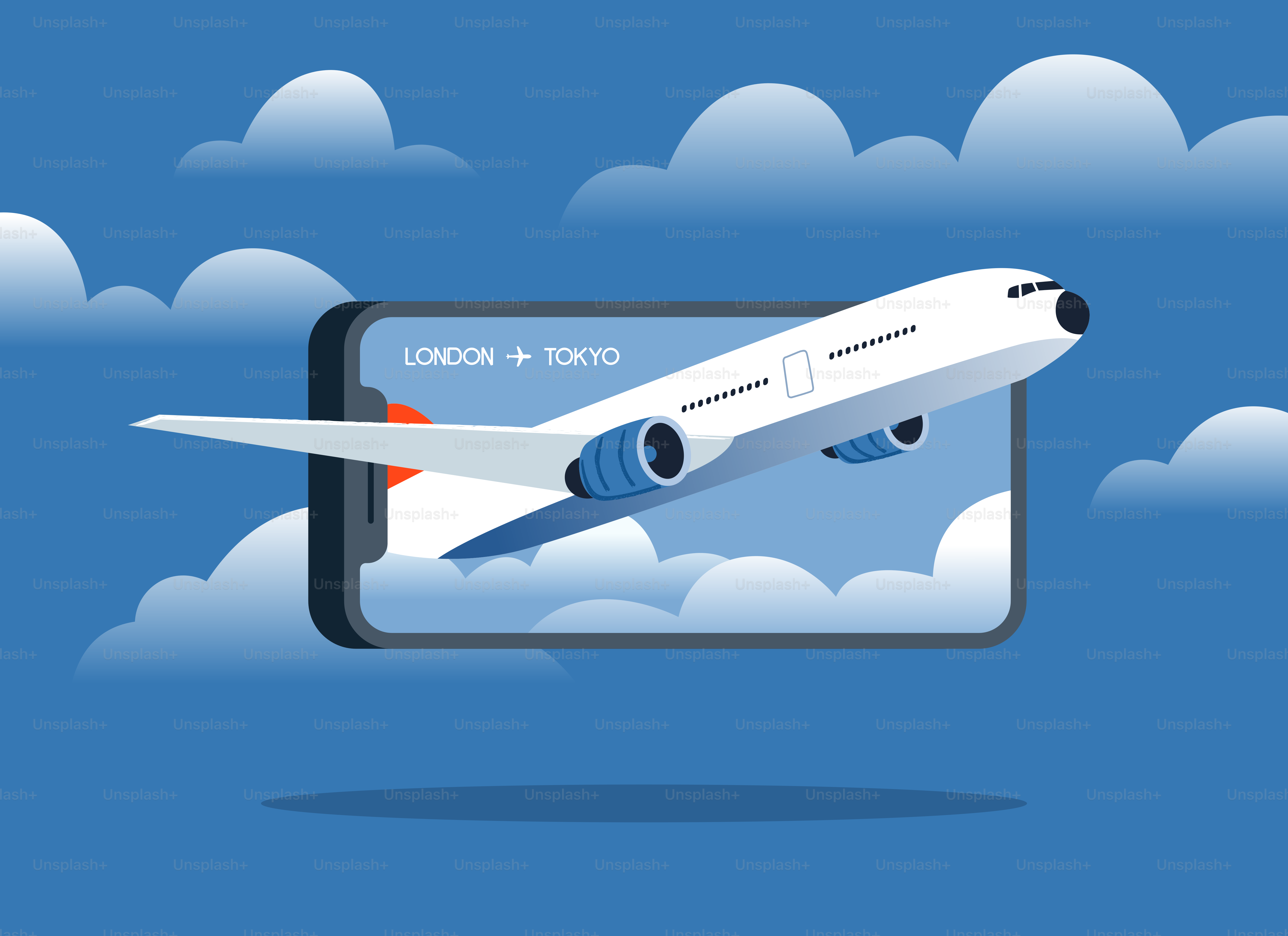 スマートフォンの画面から飛び出す飛行機