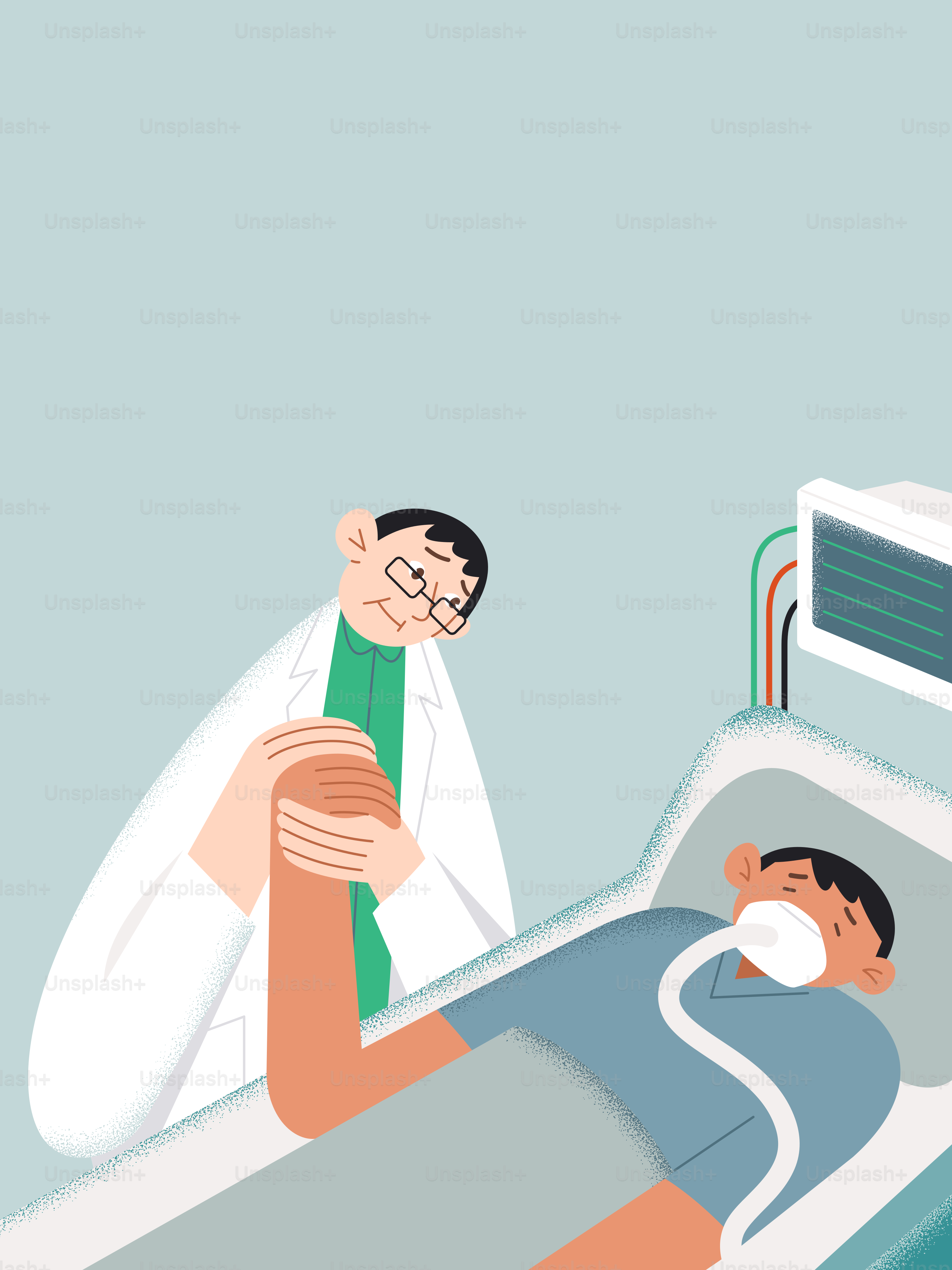 Médico examinando paciente em cama de hospital com máscara de oxigênio.