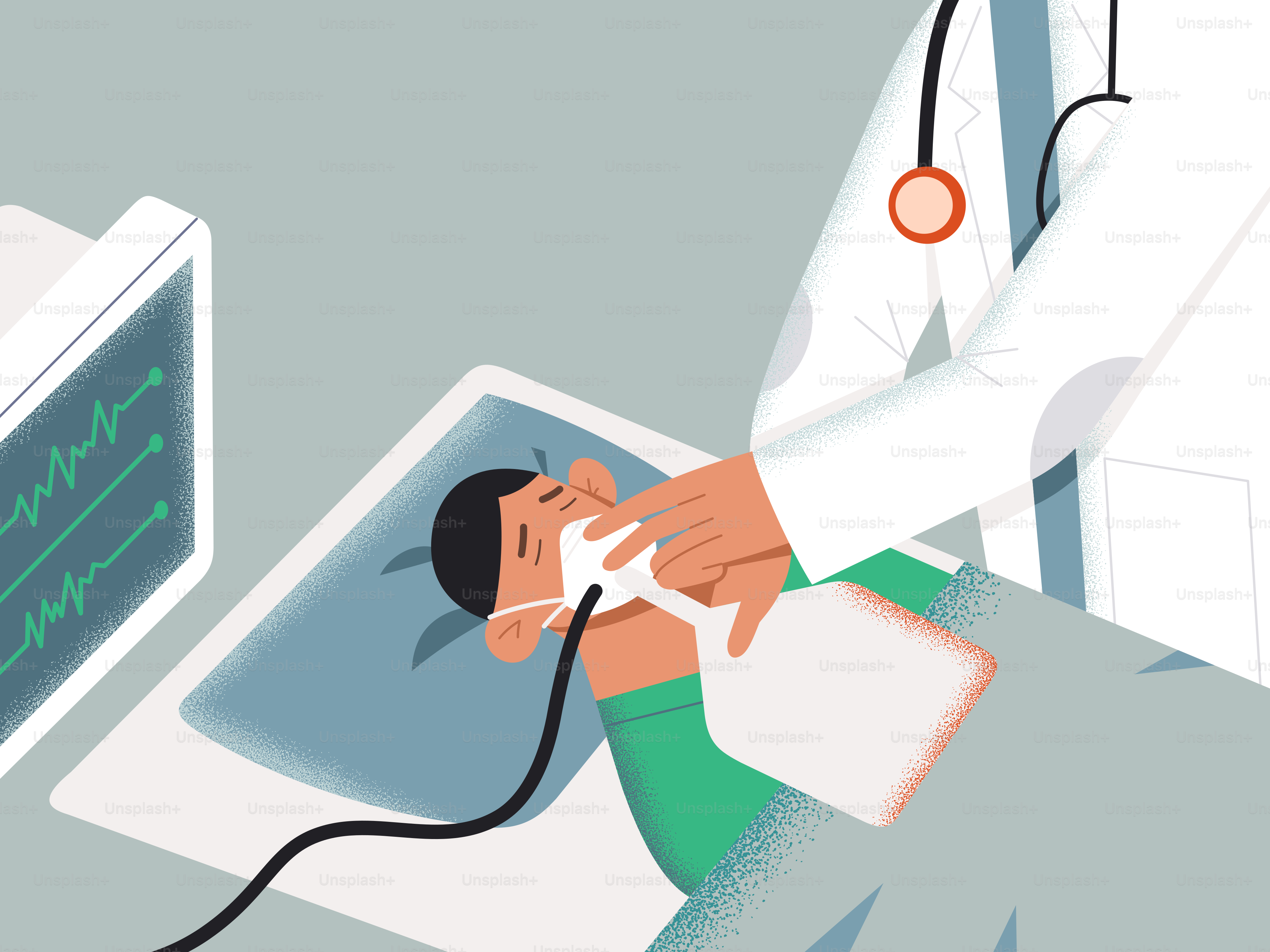Médico aplicando máscara de oxigênio no paciente com monitor
