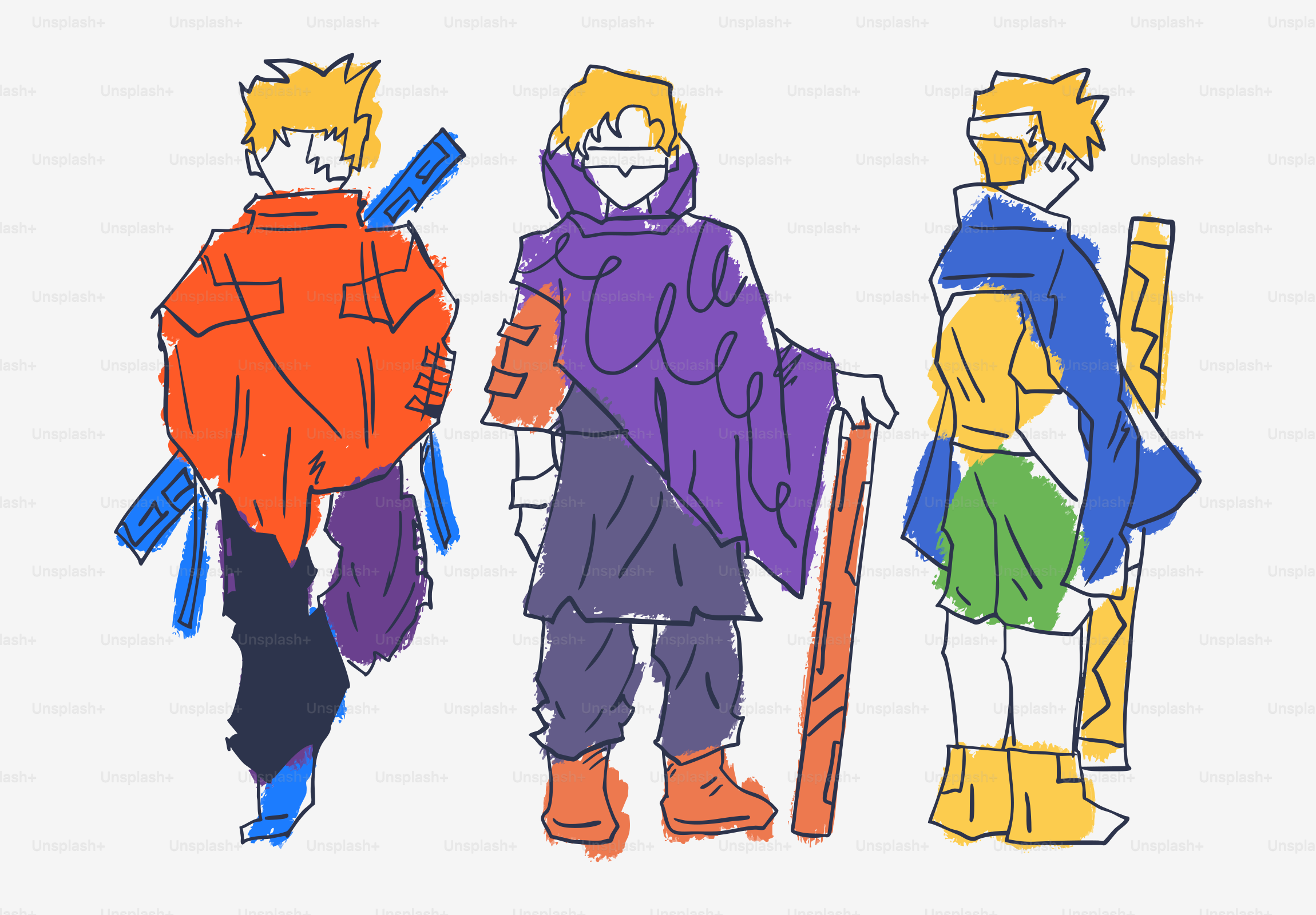 金髪でカラフルな衣装を着た3人のスタイライズされた漫画キャラクター。