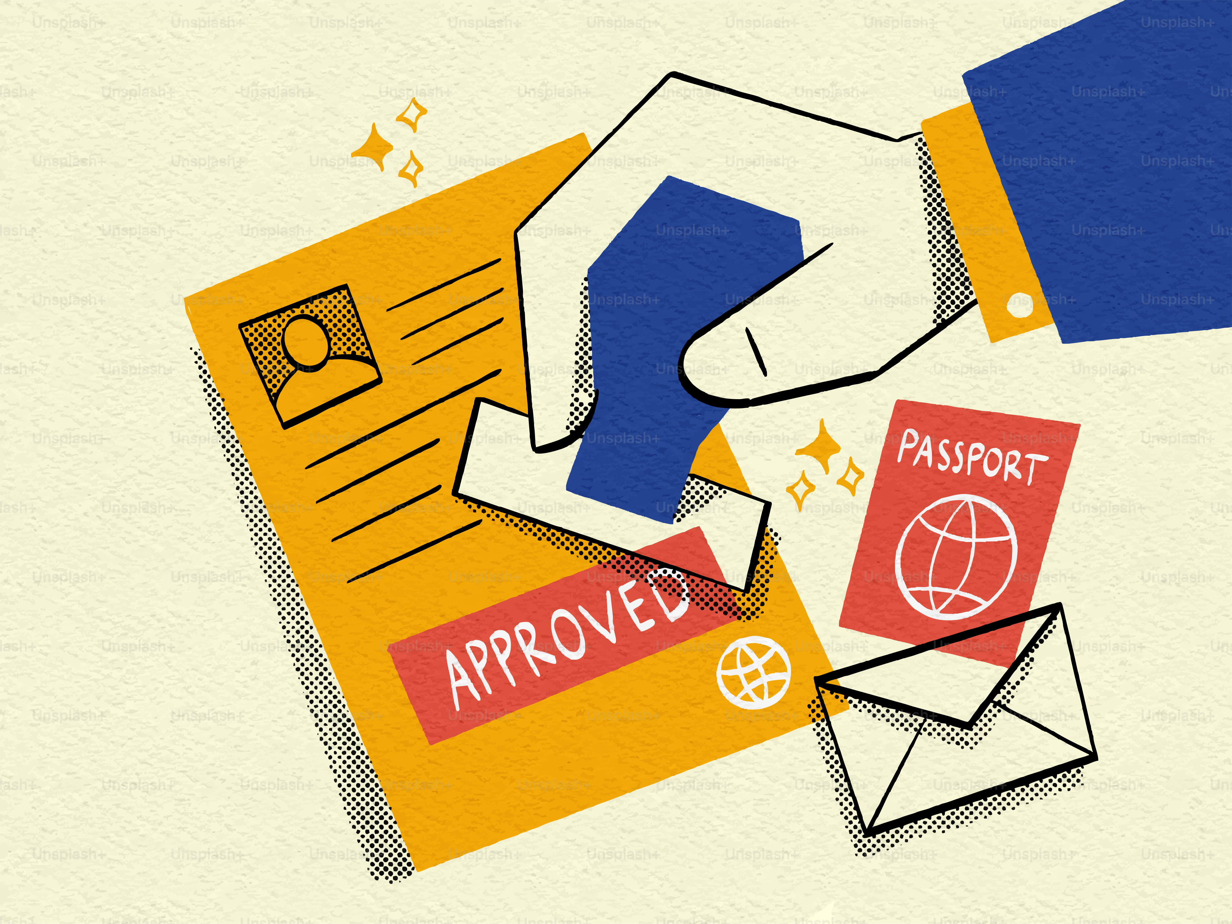 Hand stamping "approved" on a passport with envelope.