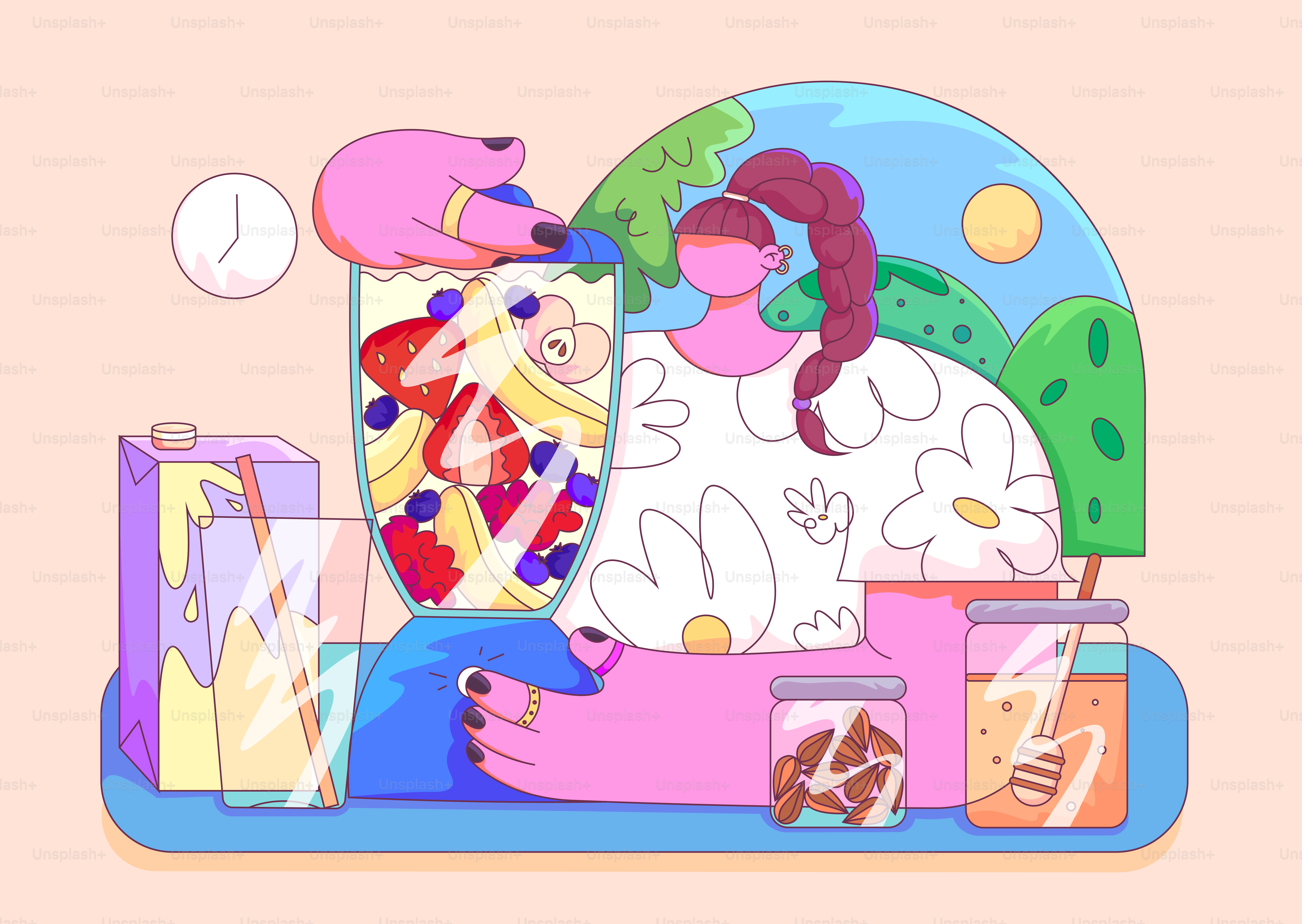 女性がブレンダーと材料を使ってフルーツスムージーを作っている。