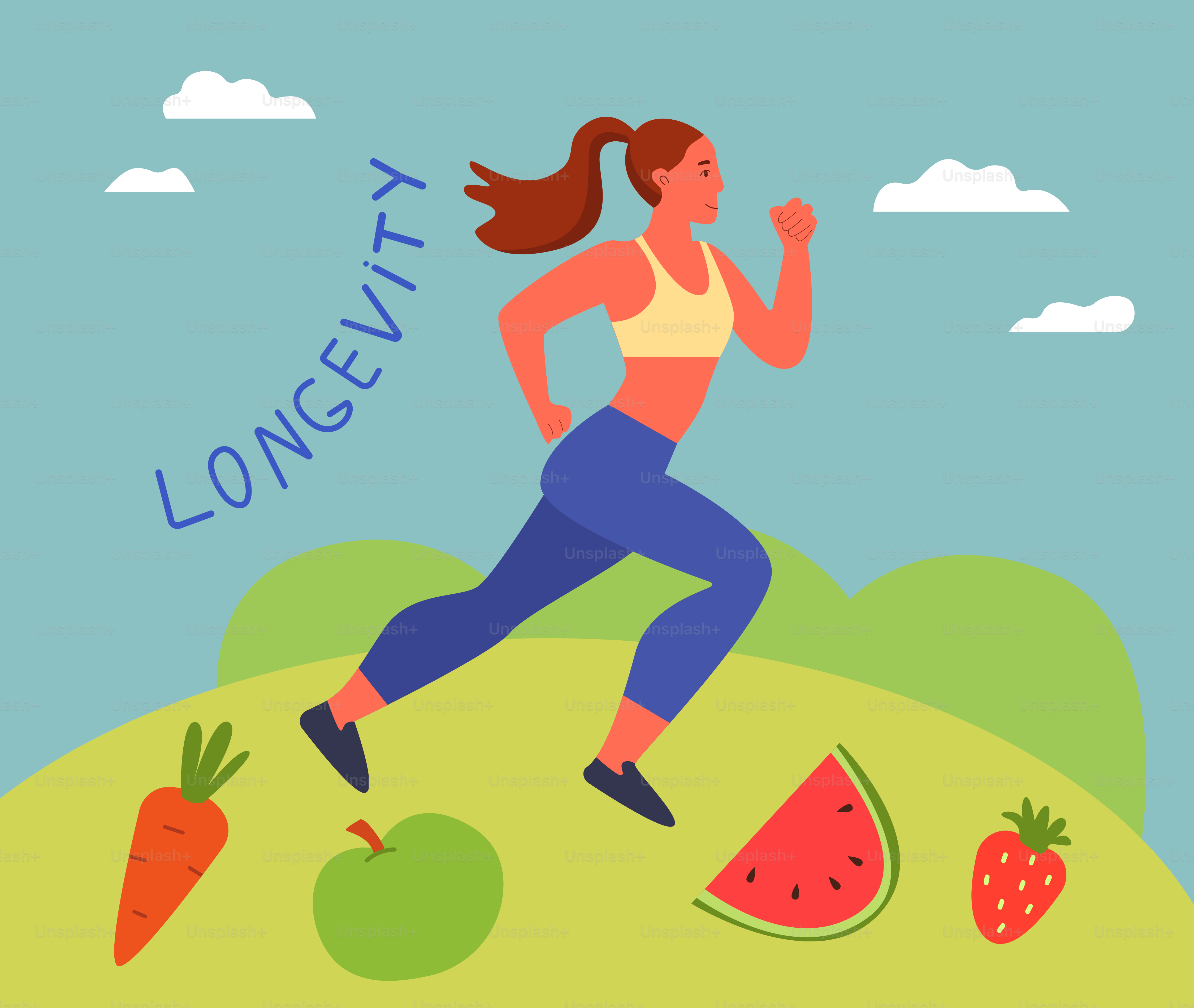 Mujer corriendo con alimentos saludables y longevidad, texto longevidad