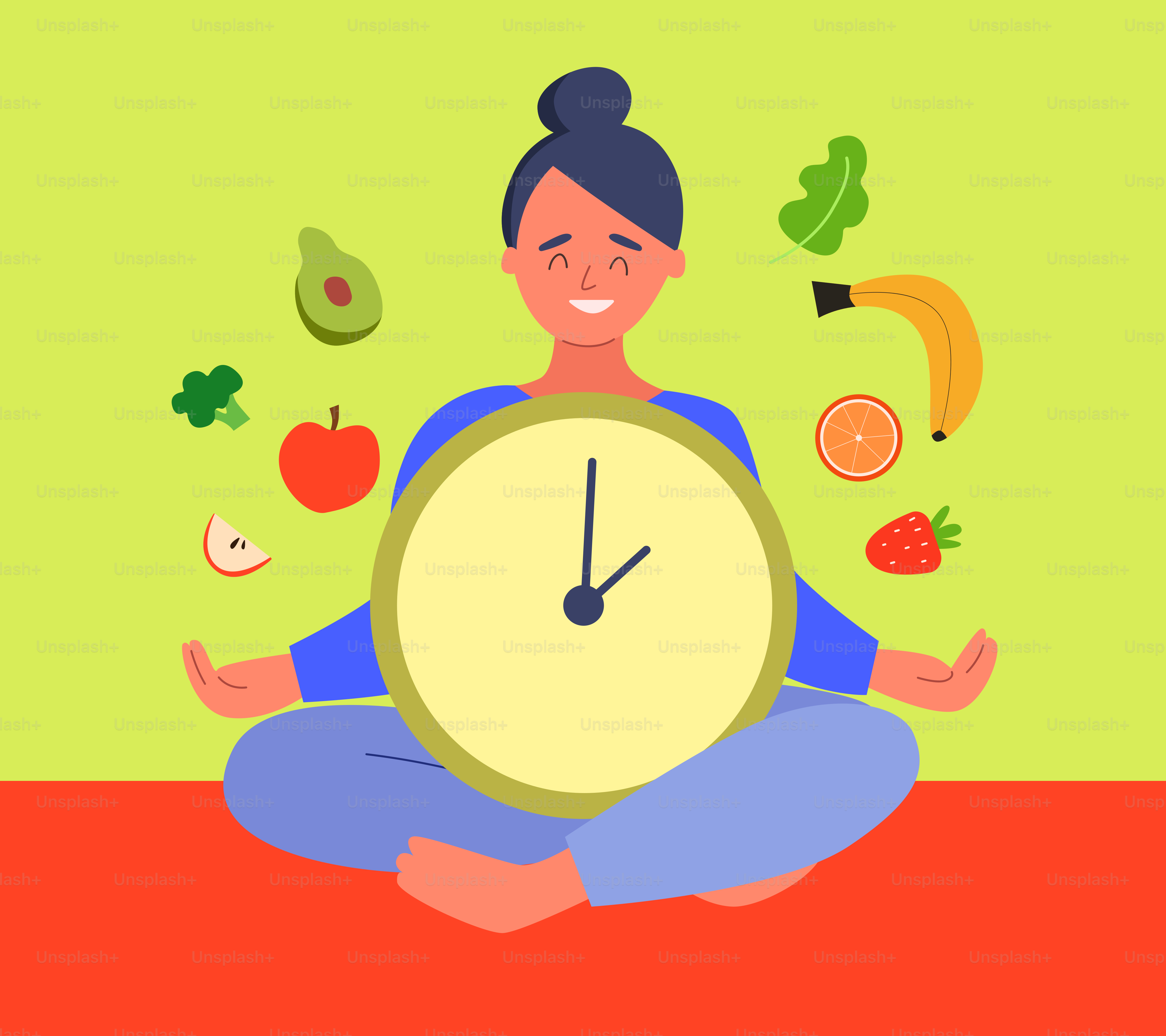 Mulher meditando com comida saudável e relógio