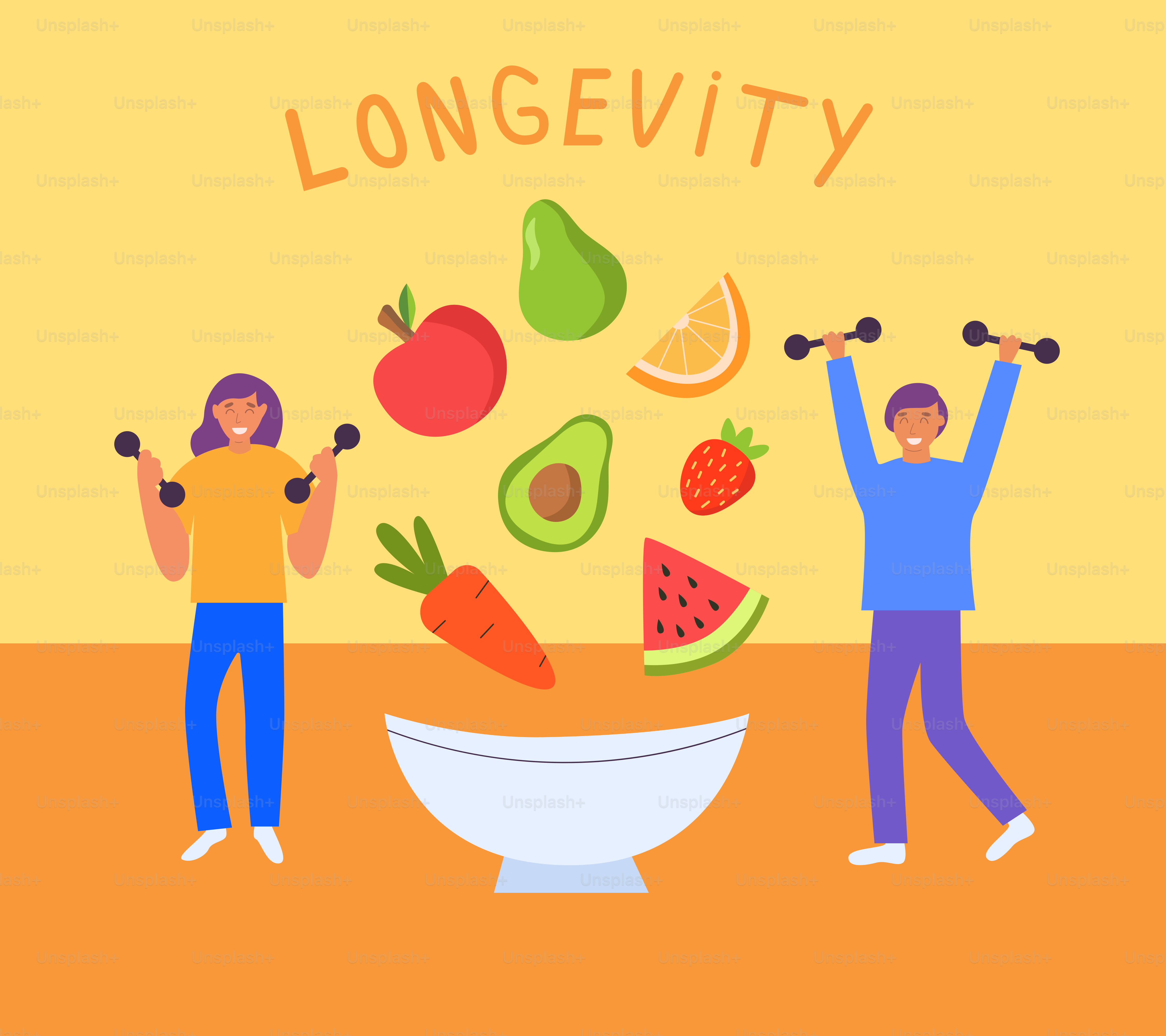 Des gens qui font de l’exercice avec des fruits et légumes pour assurer leur longévité