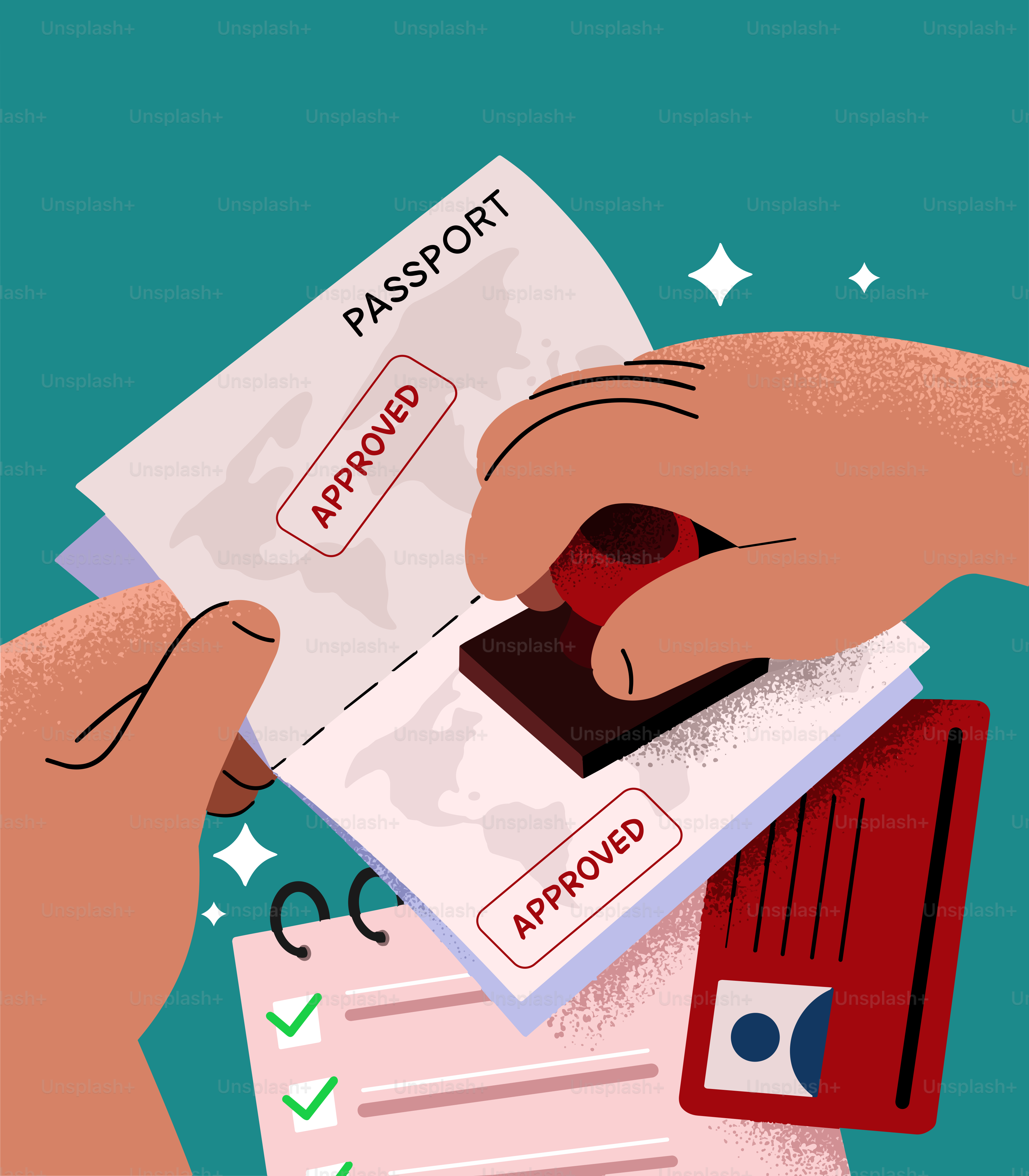 Hands stamping an approved passport next to a checklist.