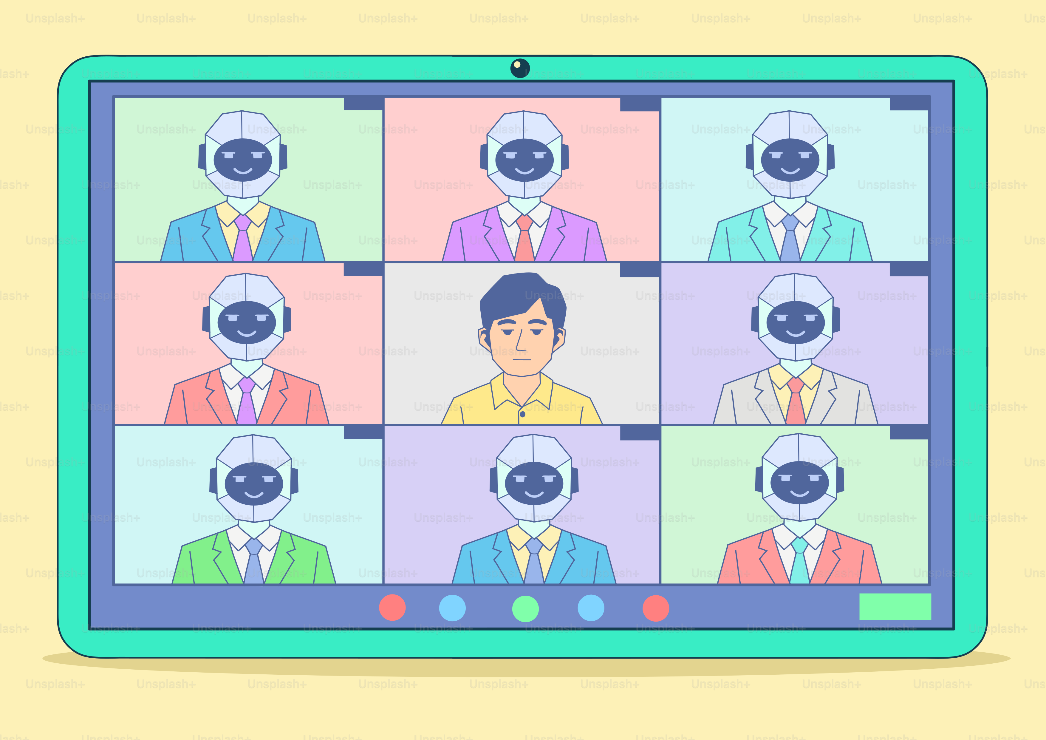 Robots y un humano en una videollamada.