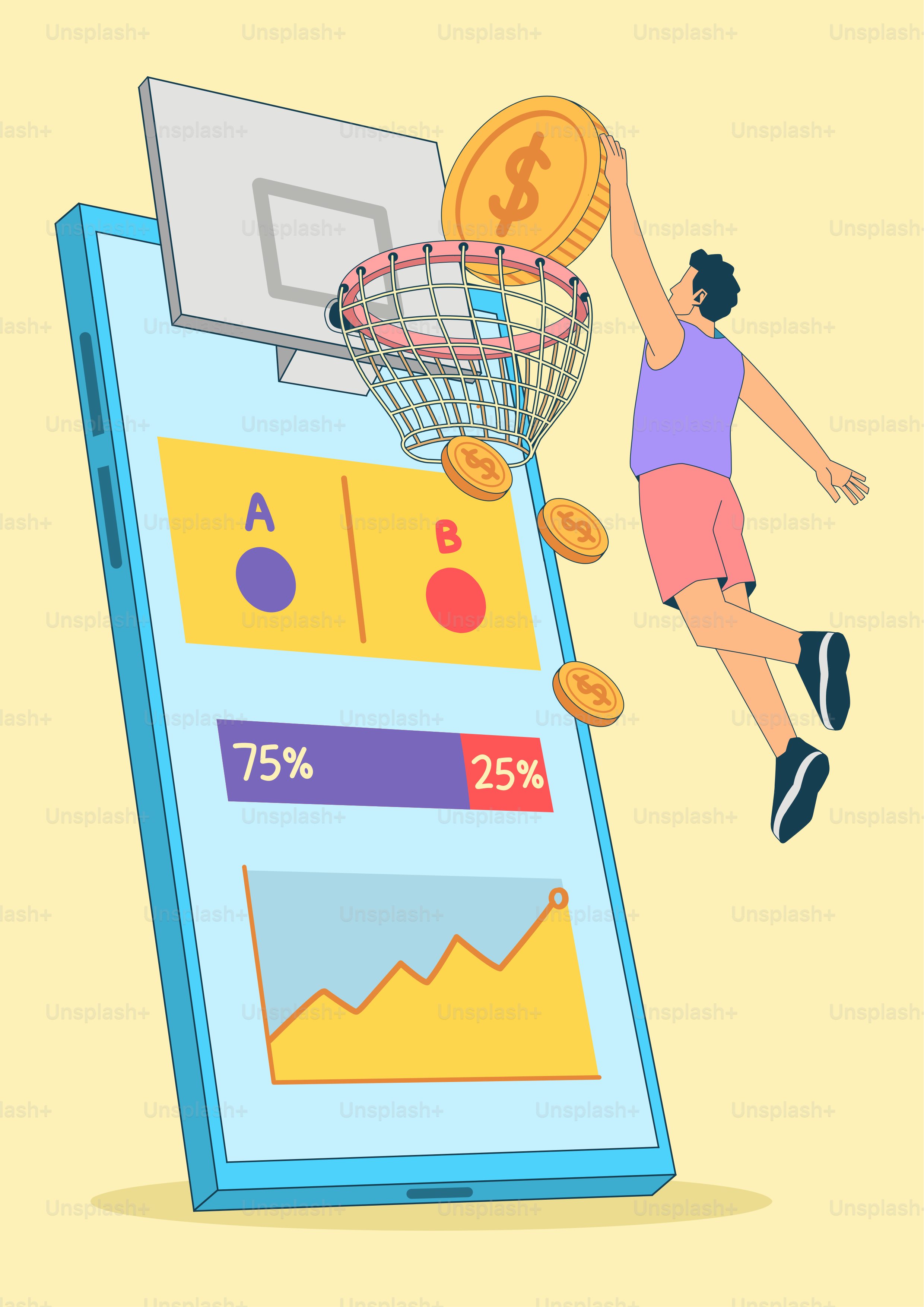 Una persona clava monedas en la canasta de baloncesto del smartphone con análisis de datos.