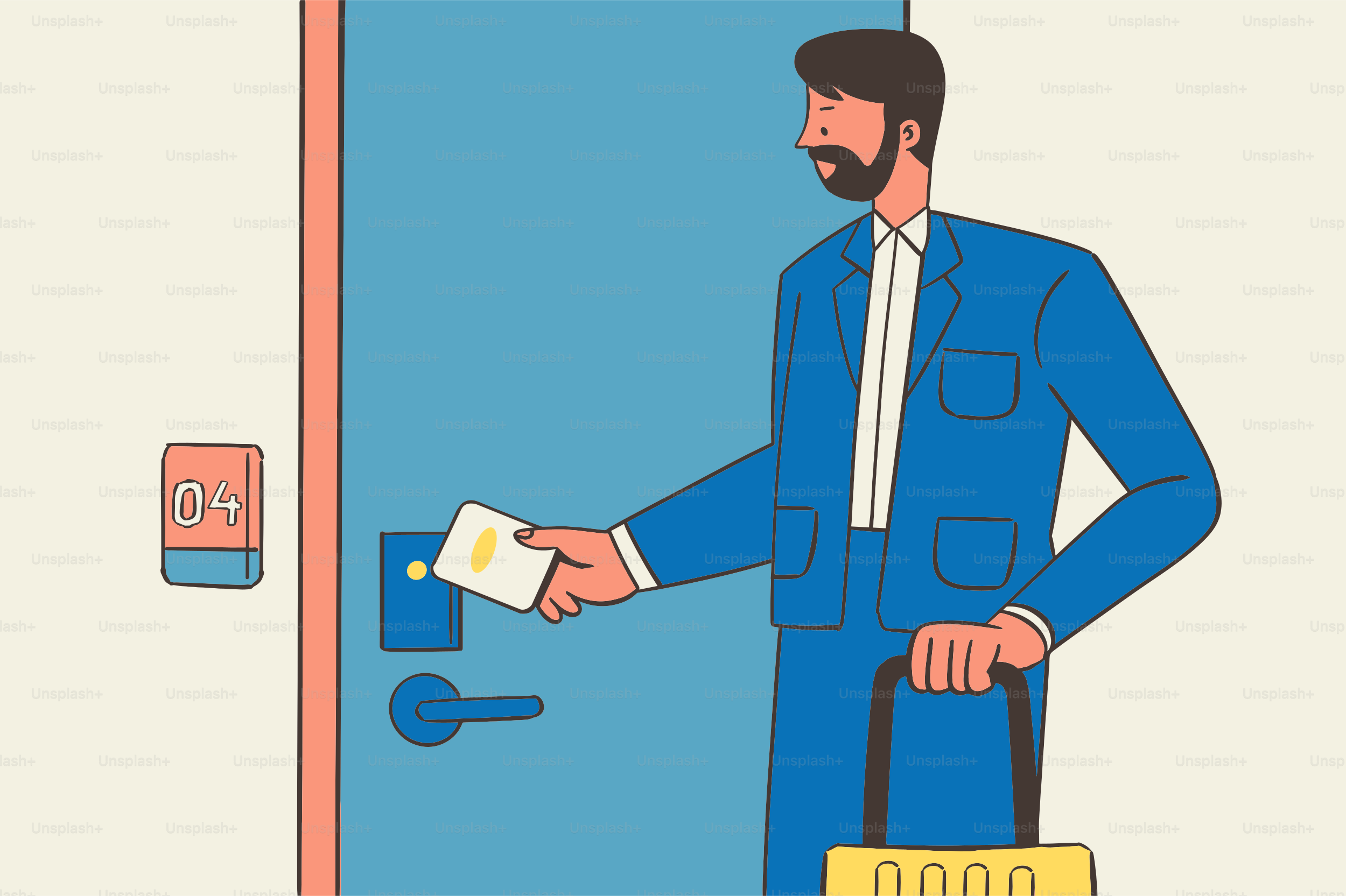 Uomo con la valigia che apre la porta della stanza d'albergo.