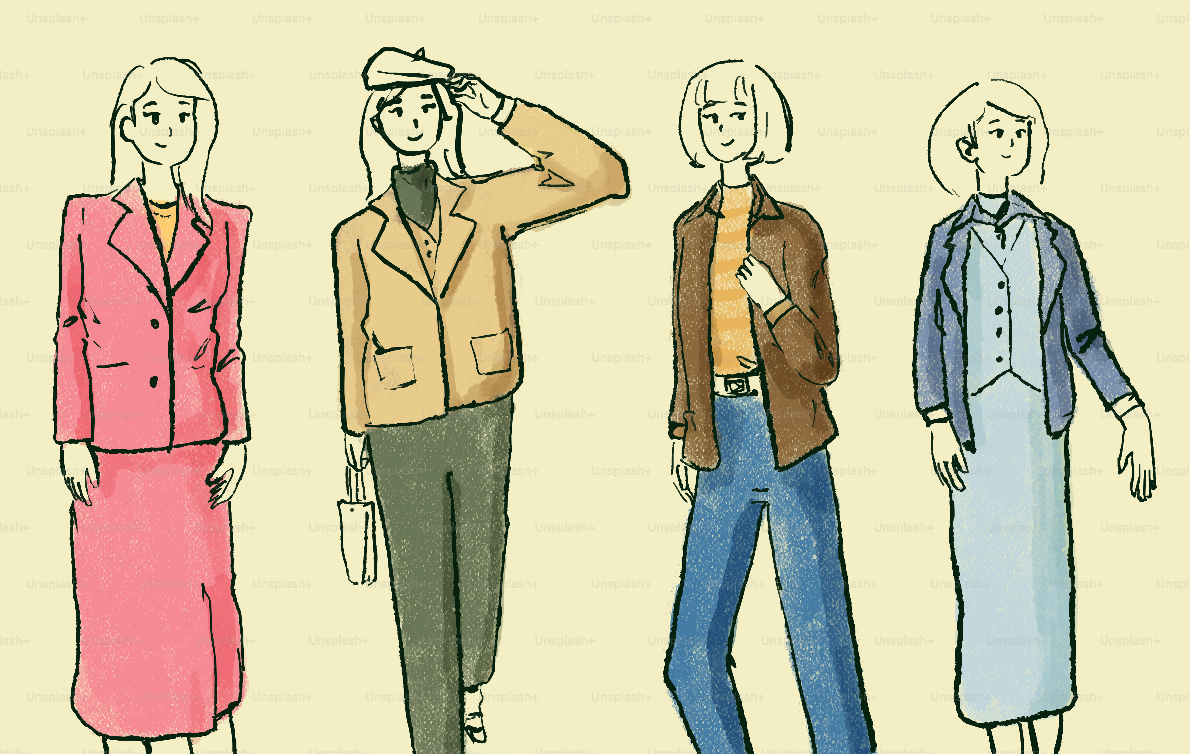 Quatro mulheres ilustradas em várias roupas estilosas.