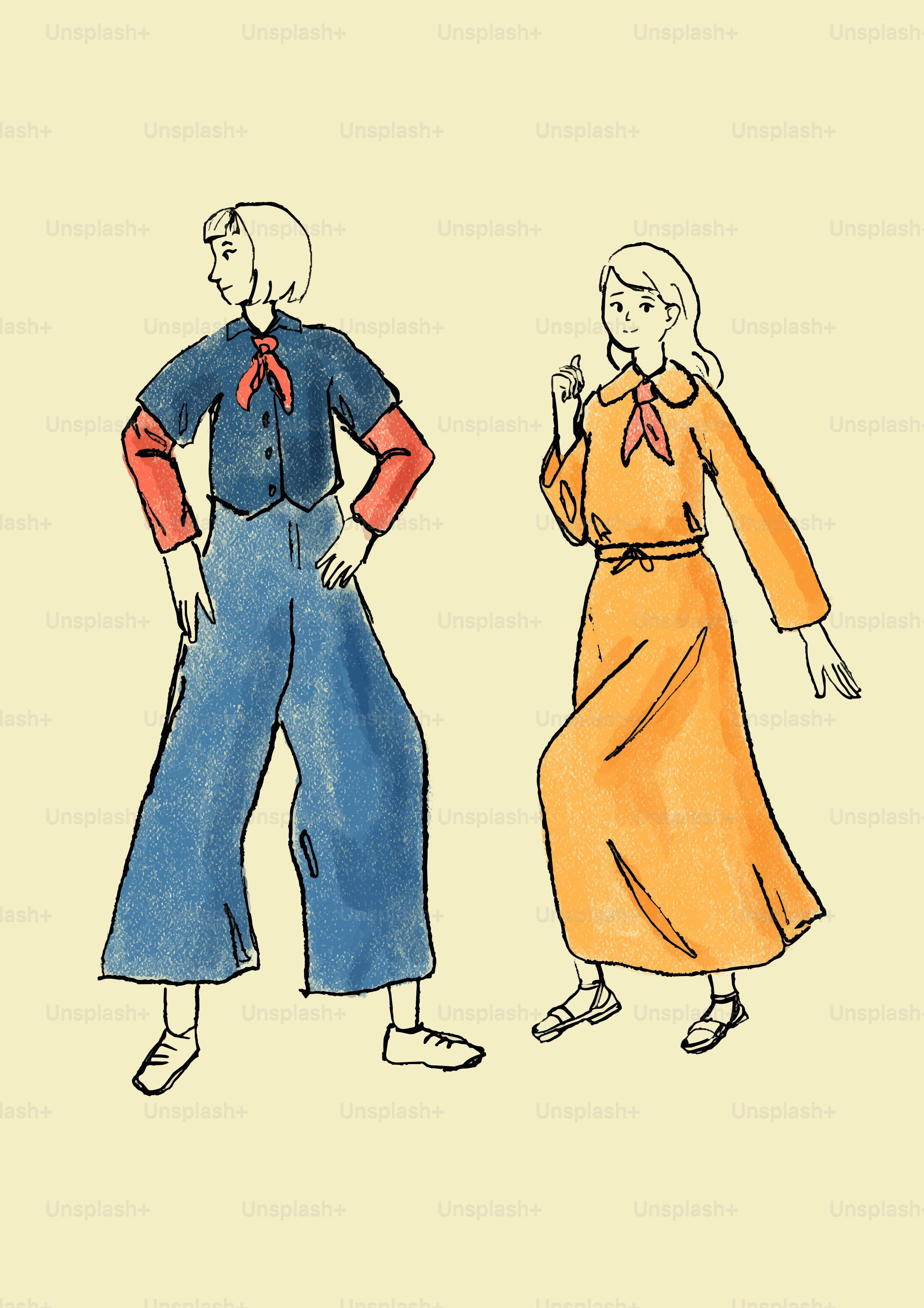 Zwei Frauen in farbenfroher, vintage-inspirierter Kleidung.