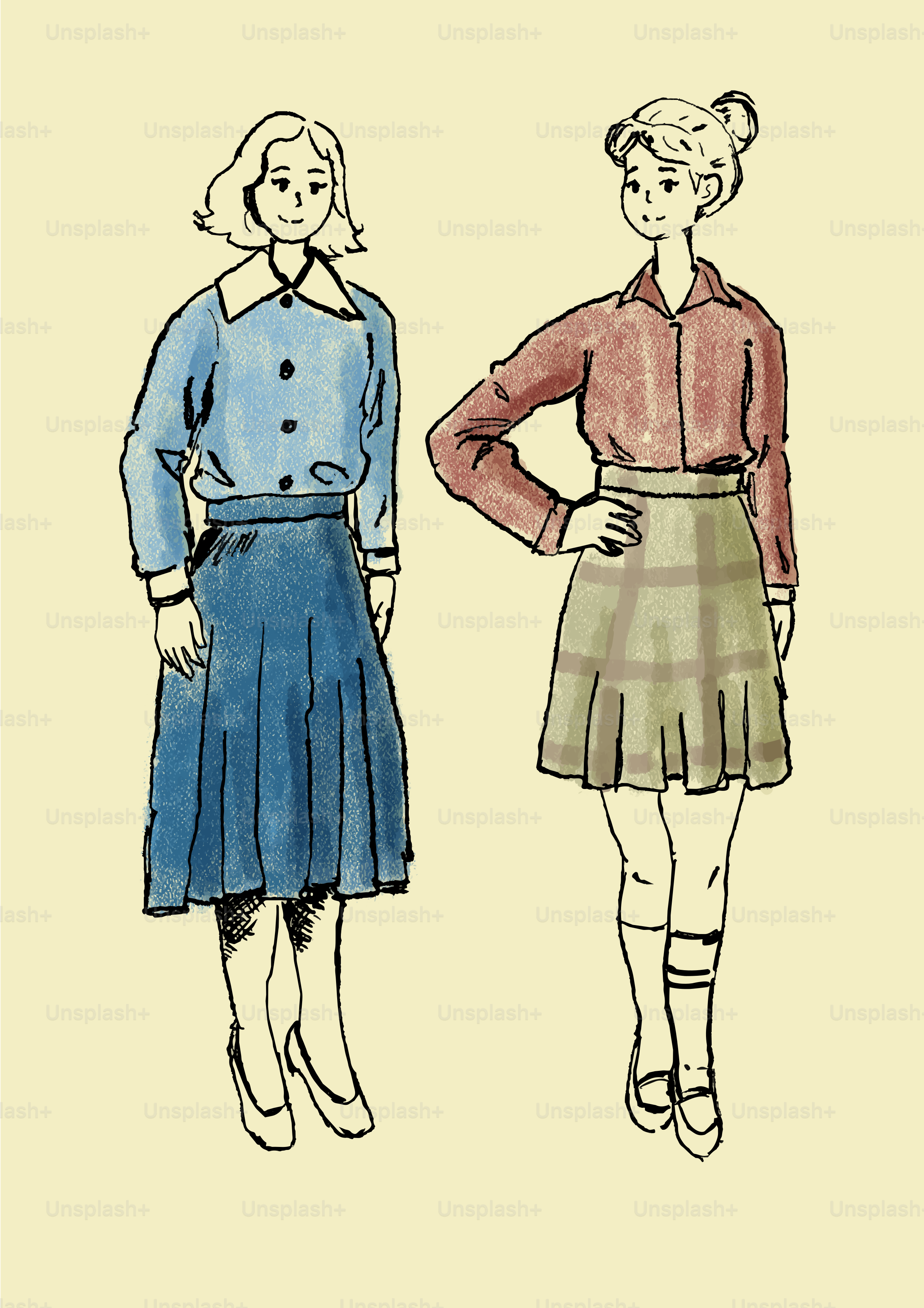 Zwei Frauen in Vintage-Blusen und Röcken, Aquarellillustration.