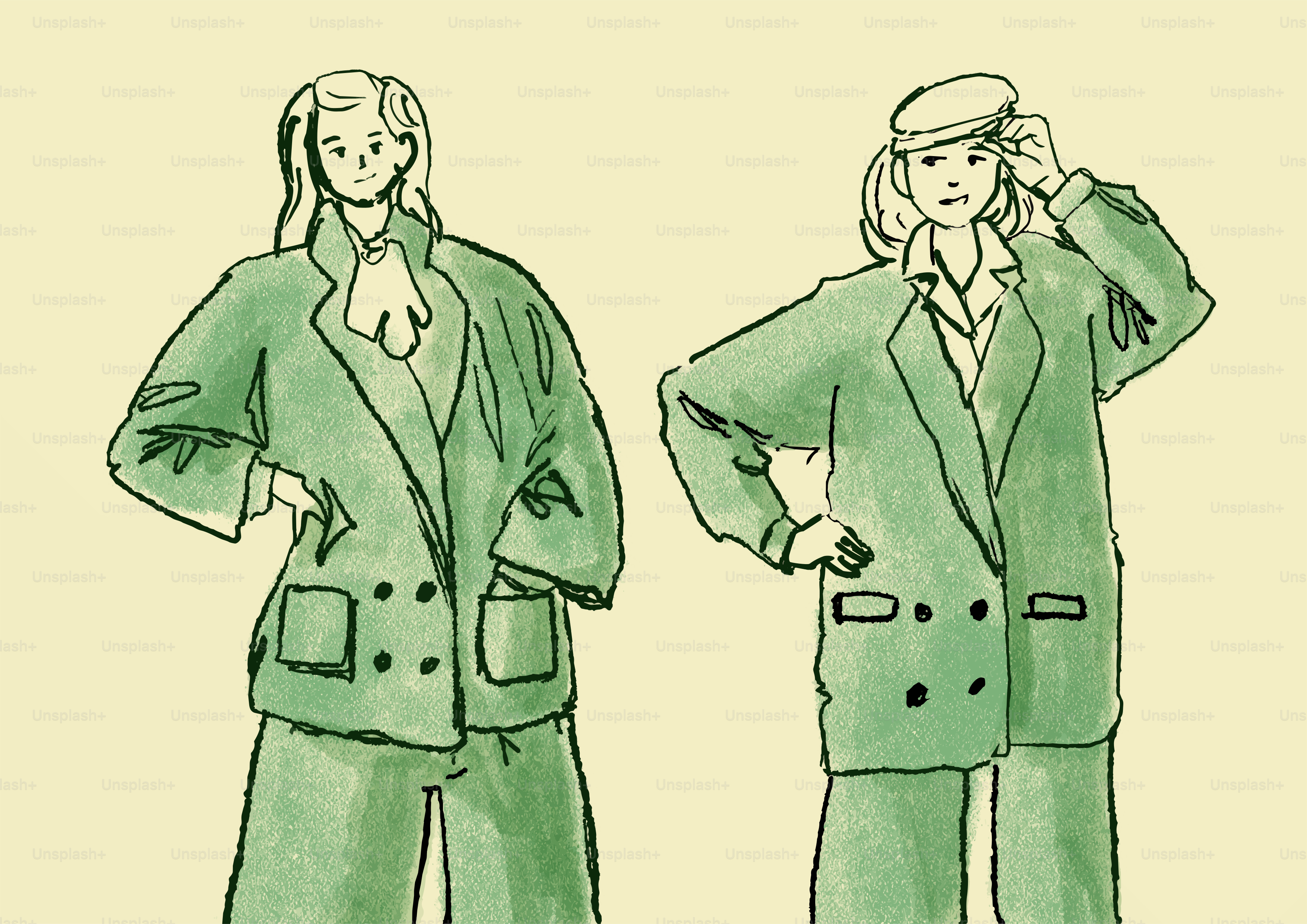 Duas mulheres vestindo ternos verdes em um desenho em aquarela.