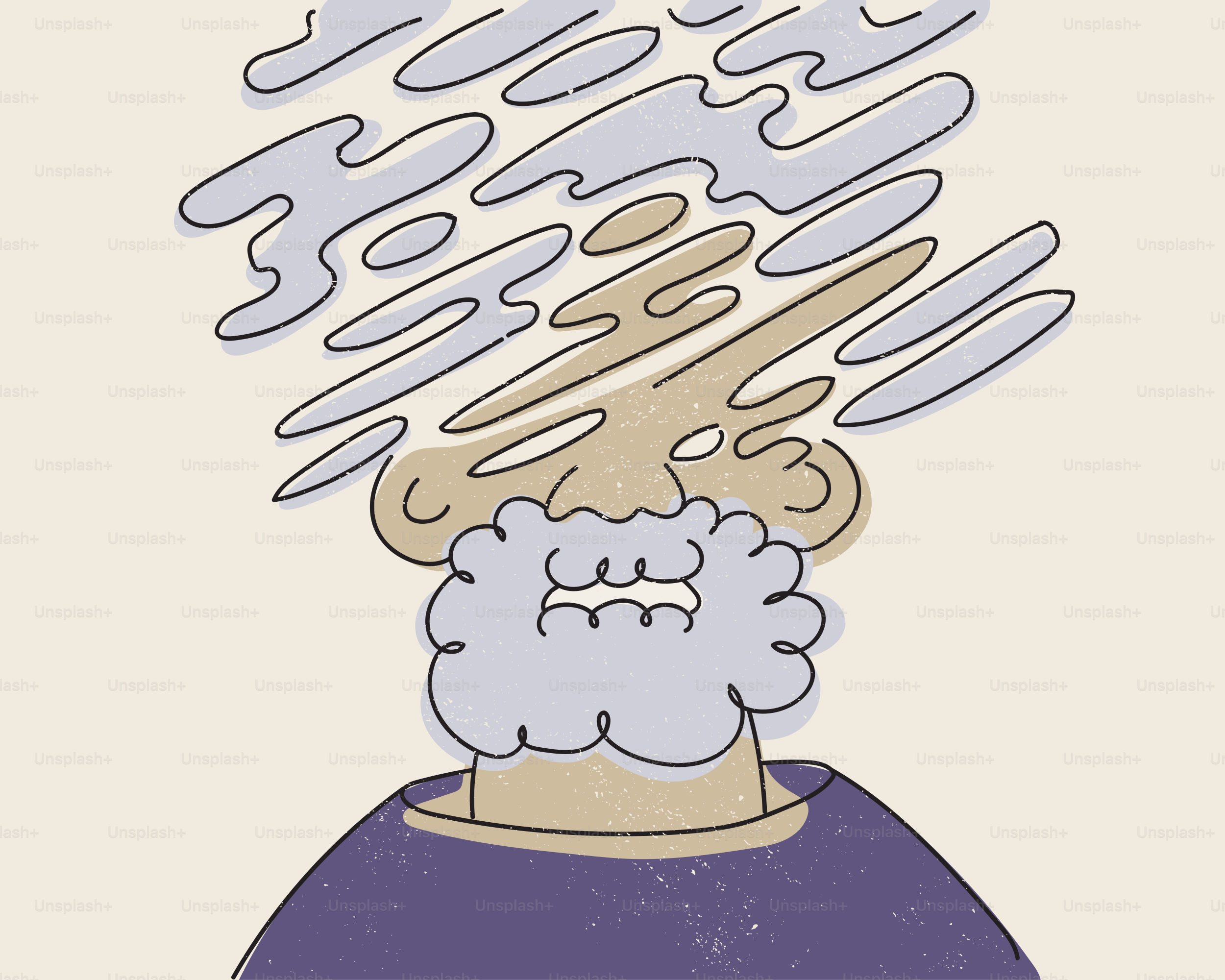 Cartoon-Mann mit Wolkenbart und stürmischen Gedanken.