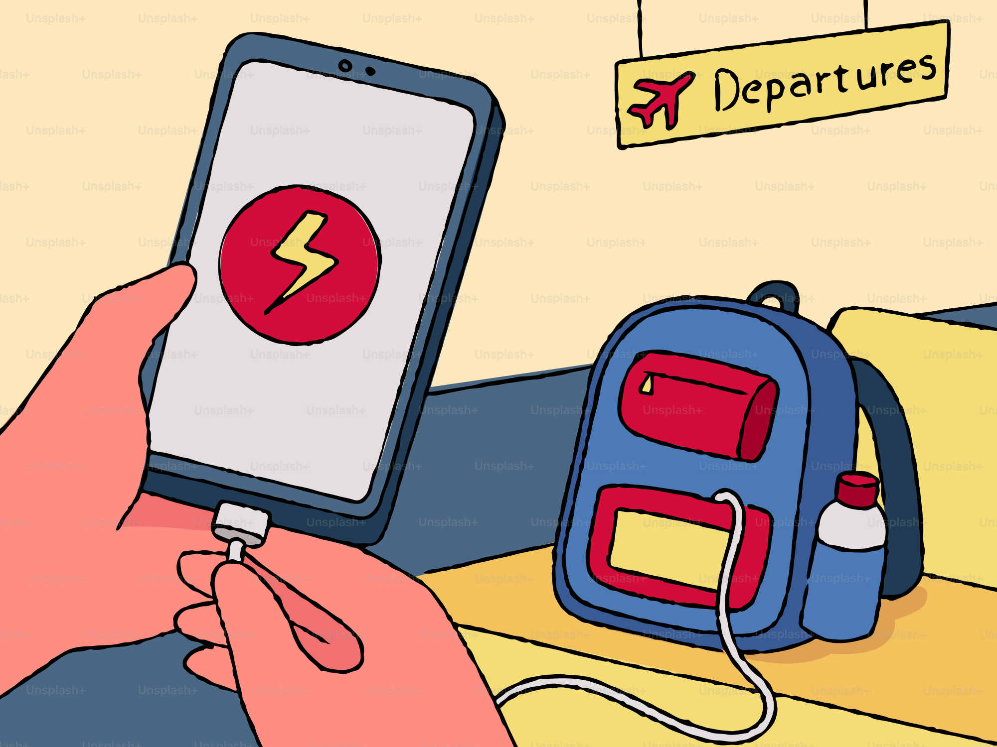 Wisatawan mengisi daya tablet dengan ransel di keberangkatan bandara.