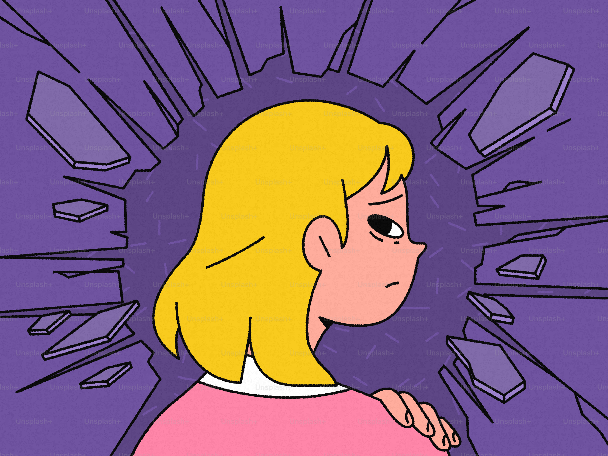 Una mujer rubia triste con un fondo morado destrozado.