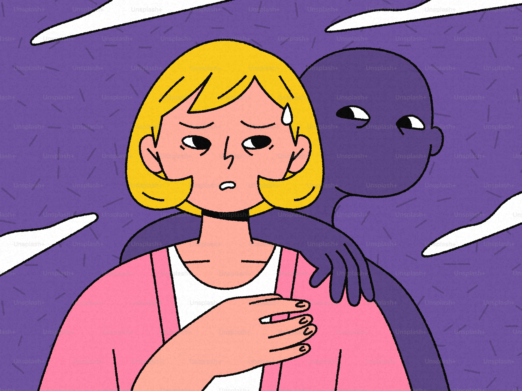 Una mujer ansiosa con una figura sombría detrás de ella.