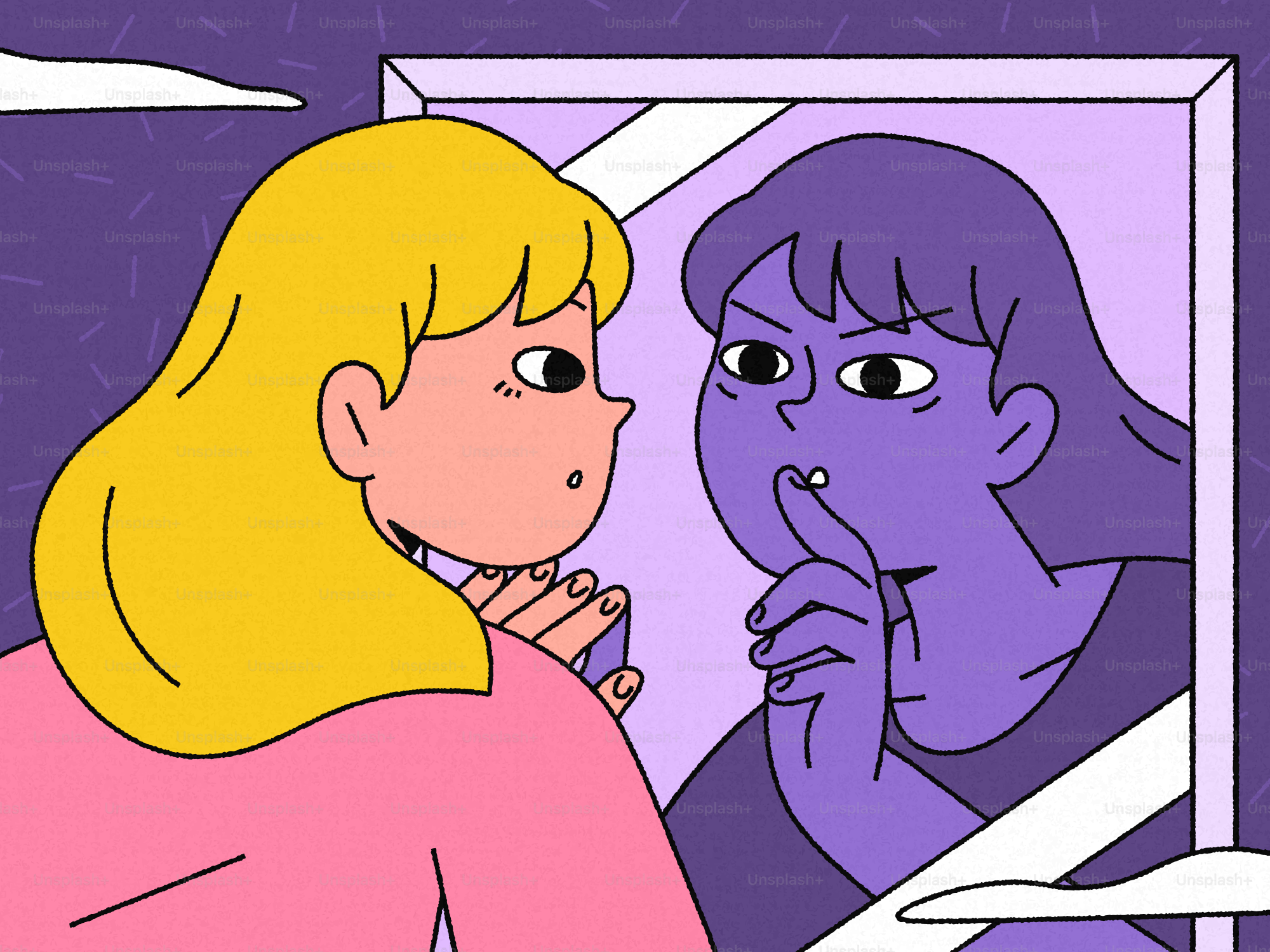 Una mujer rubia sorprendida por el reflejo diciéndole que guardara silencio.