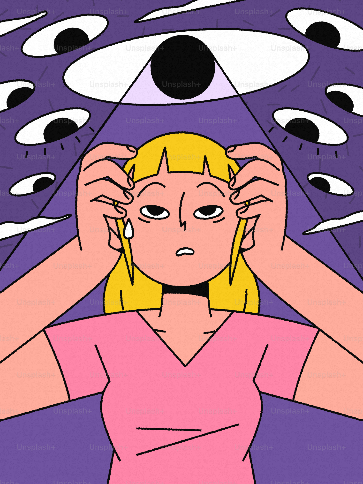 Mujer estresada llorando entre muchas miradas y un símbolo triangular.